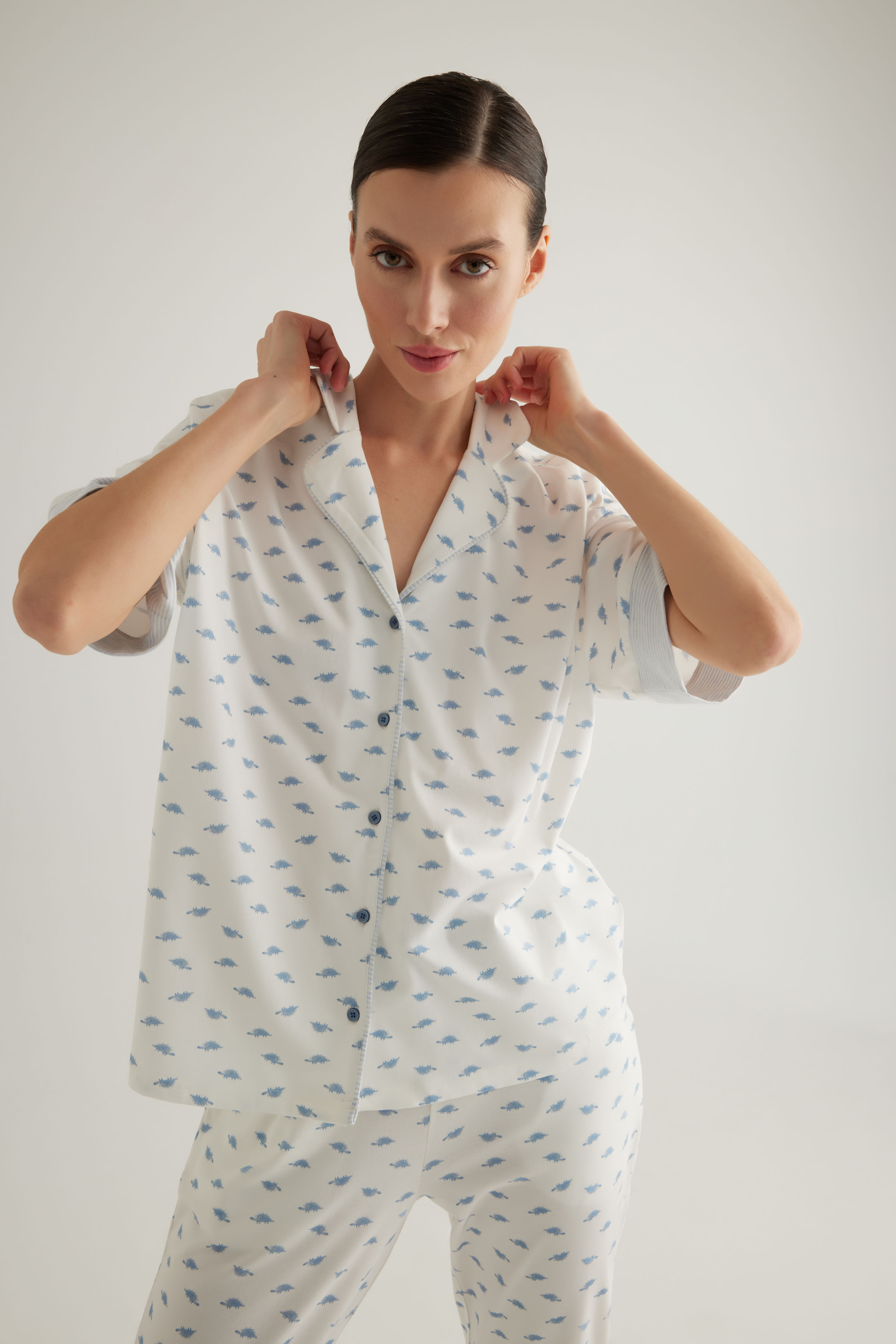 Kadın Pamuklu Gömlek Yaka Pijama Üstü