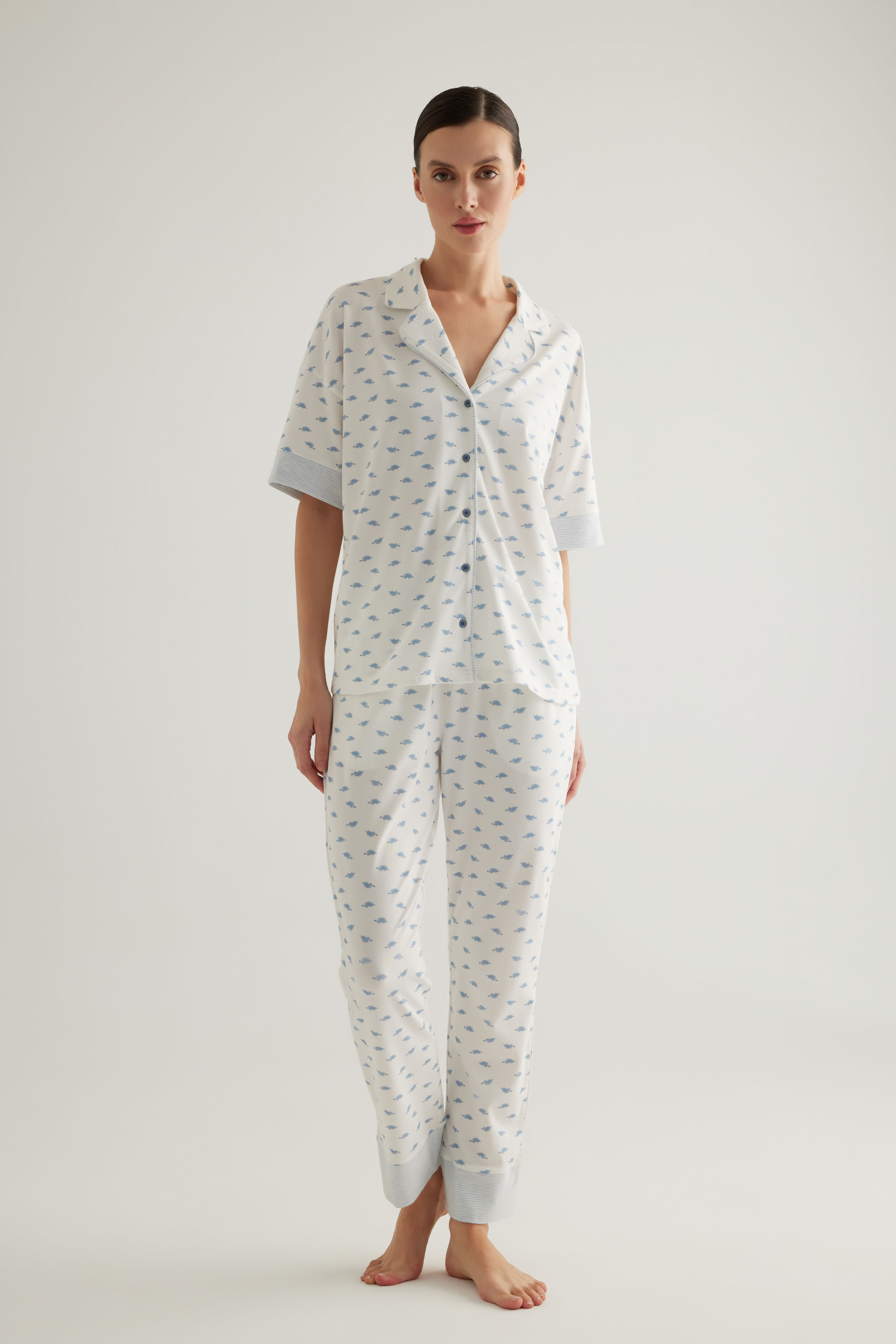 Kadın Pamuklu Gömlek Yaka Pantolon Pijama Takımı