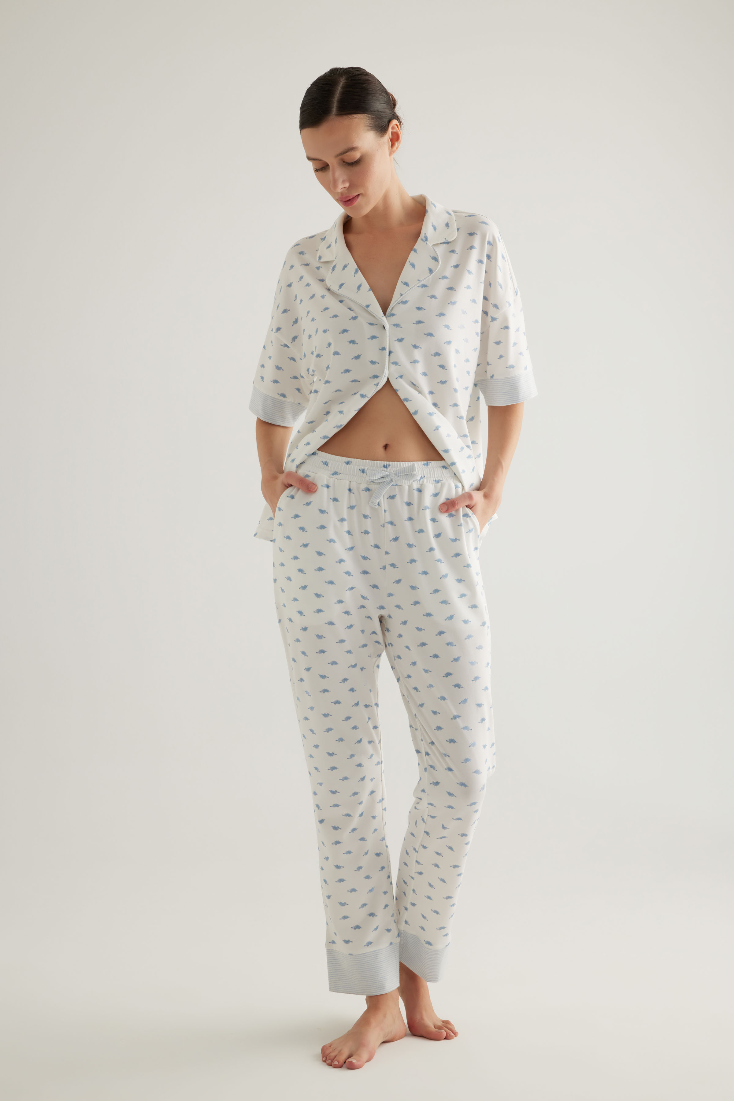 Kadın Pamuklu Gömlek Yaka Pantolon Pijama Takımı