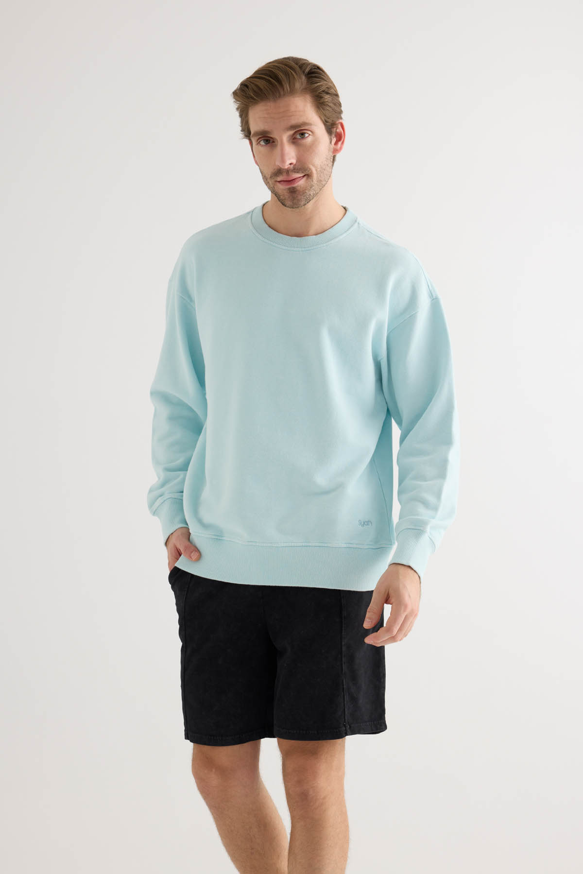 Erkek Pamuklu Yıkamalı Üç İplik Uzun Kollu Sweatshirt