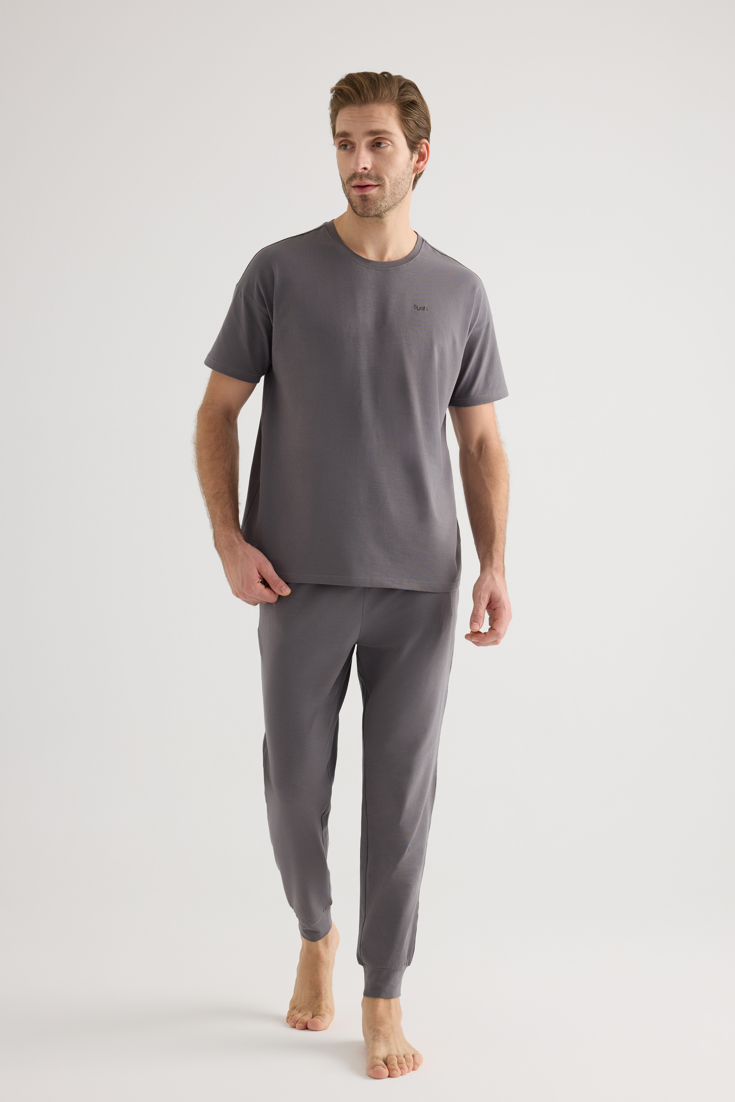 Erkek Pamuklu Kısa Kollu Uzun Pijama Takımı