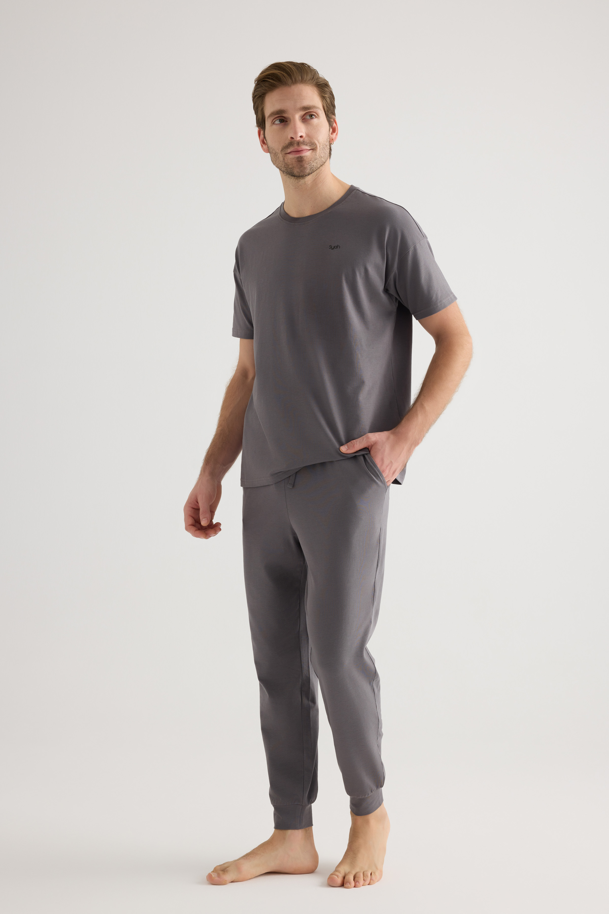 Erkek Pamuklu Kısa Kollu Uzun Pijama Takımı