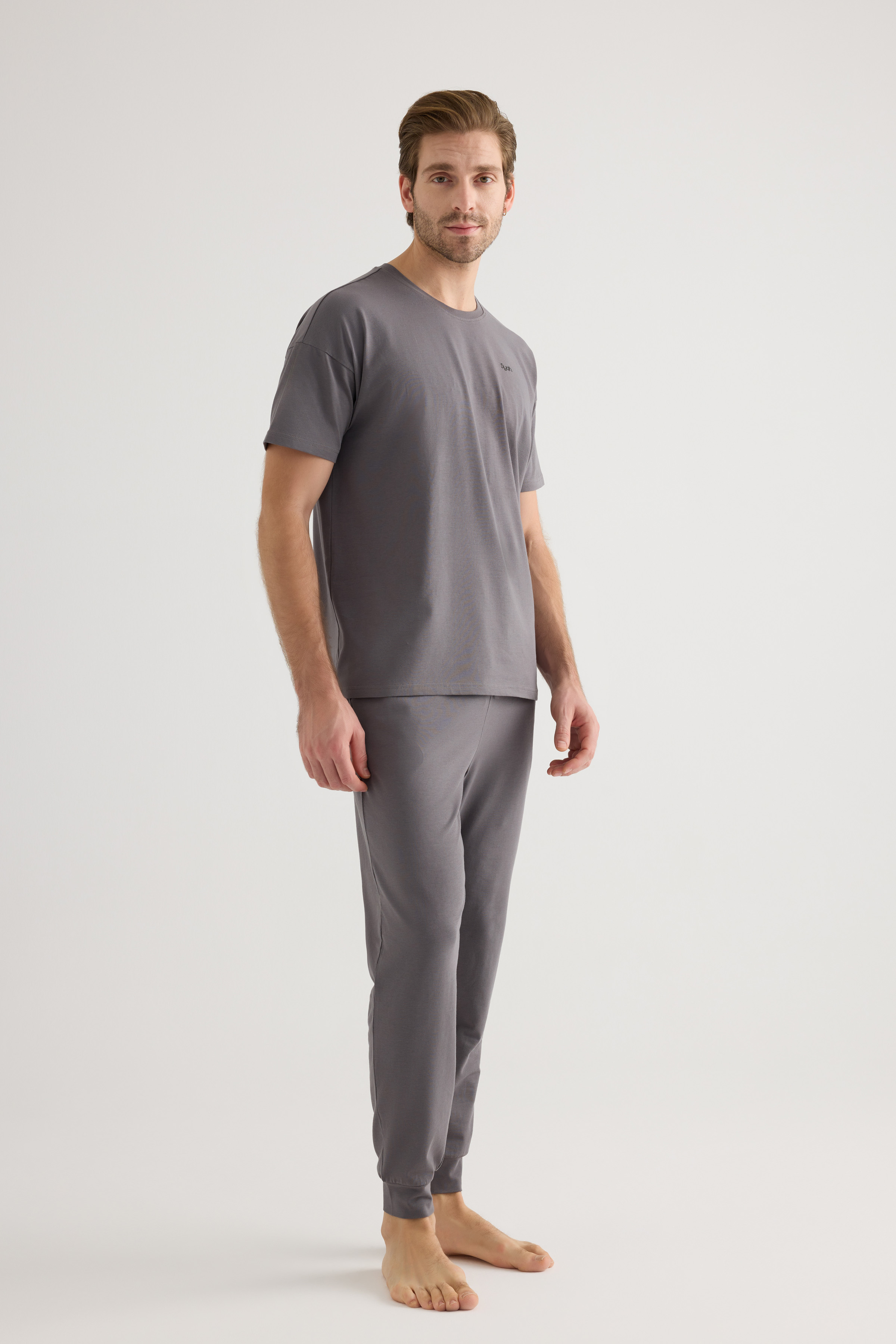 Erkek Pamuklu Kısa Kollu Uzun Pijama Takımı