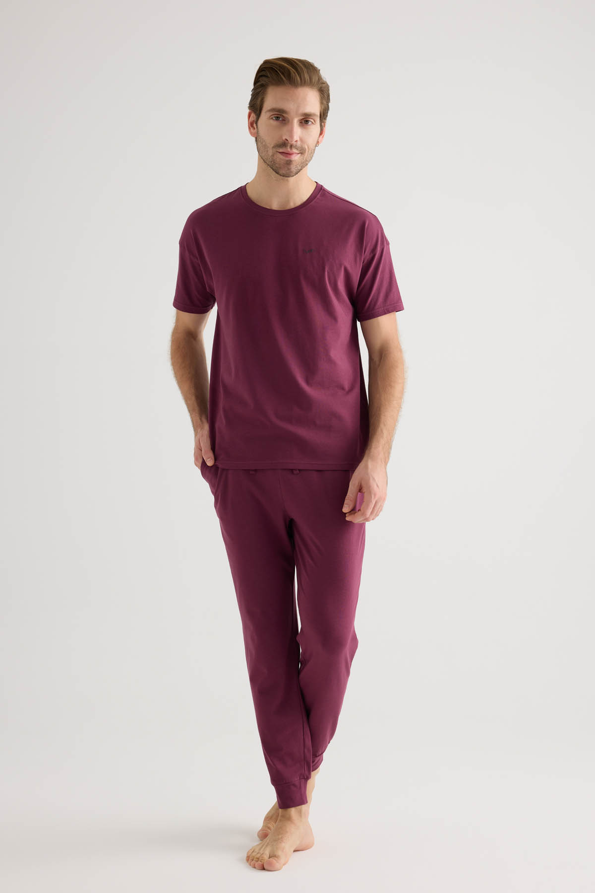 Erkek Pamuklu Kısa Kollu Uzun Pijama Takımı