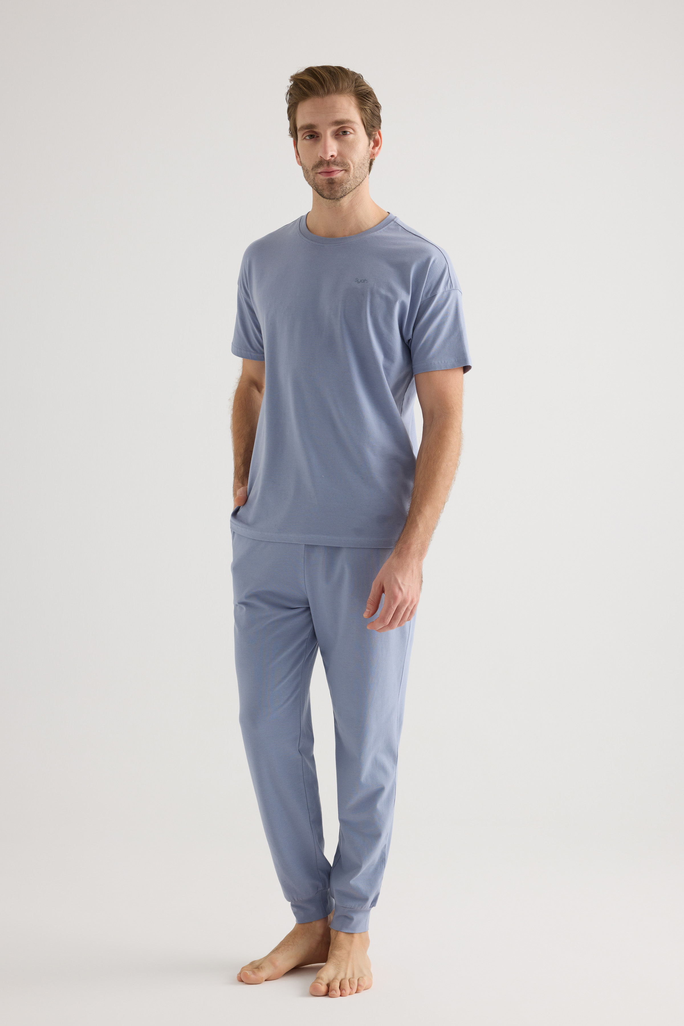 Erkek Pamuklu Kısa Kollu Uzun Pijama Takımı