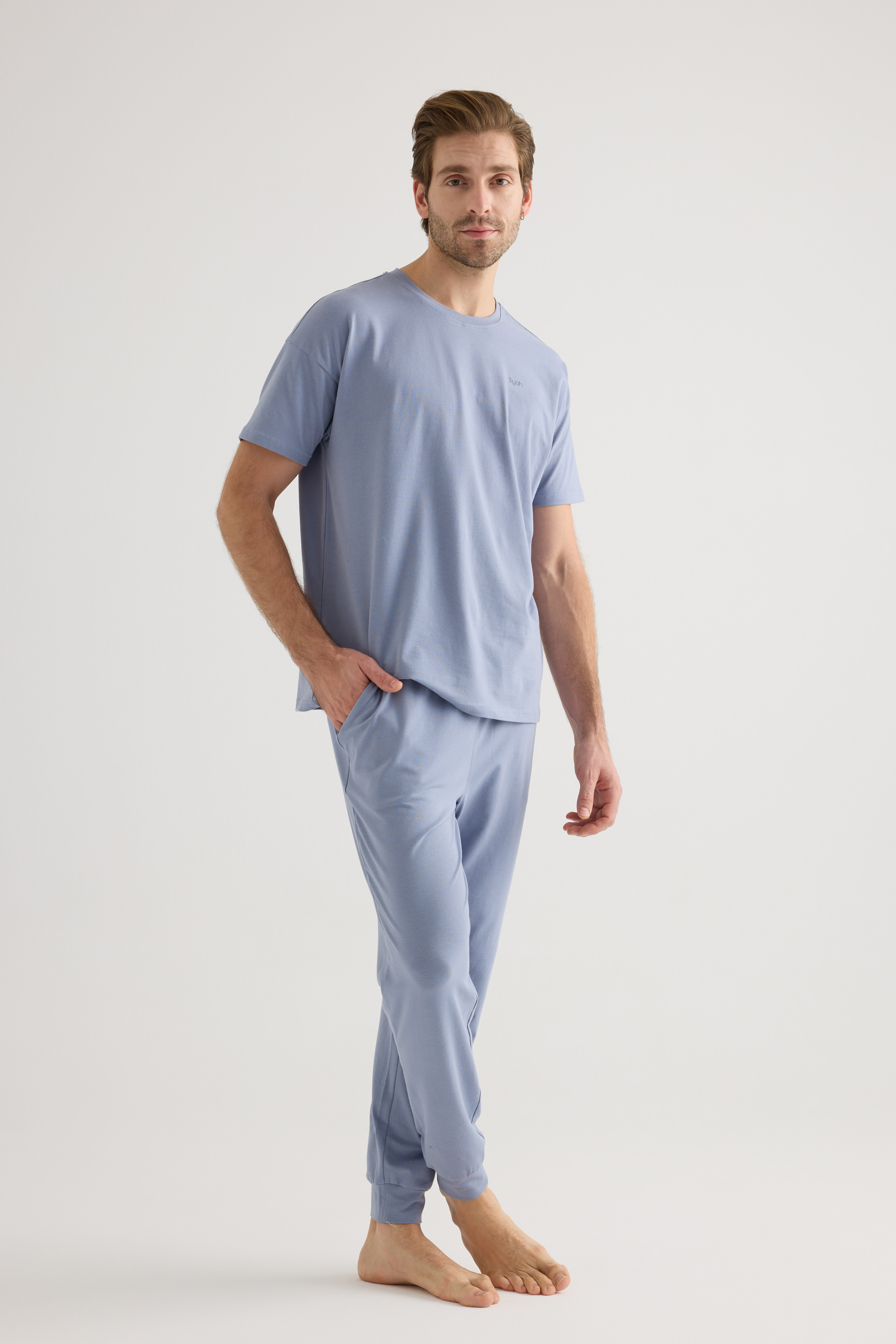 Erkek Pamuklu Kısa Kollu Uzun Pijama Takımı