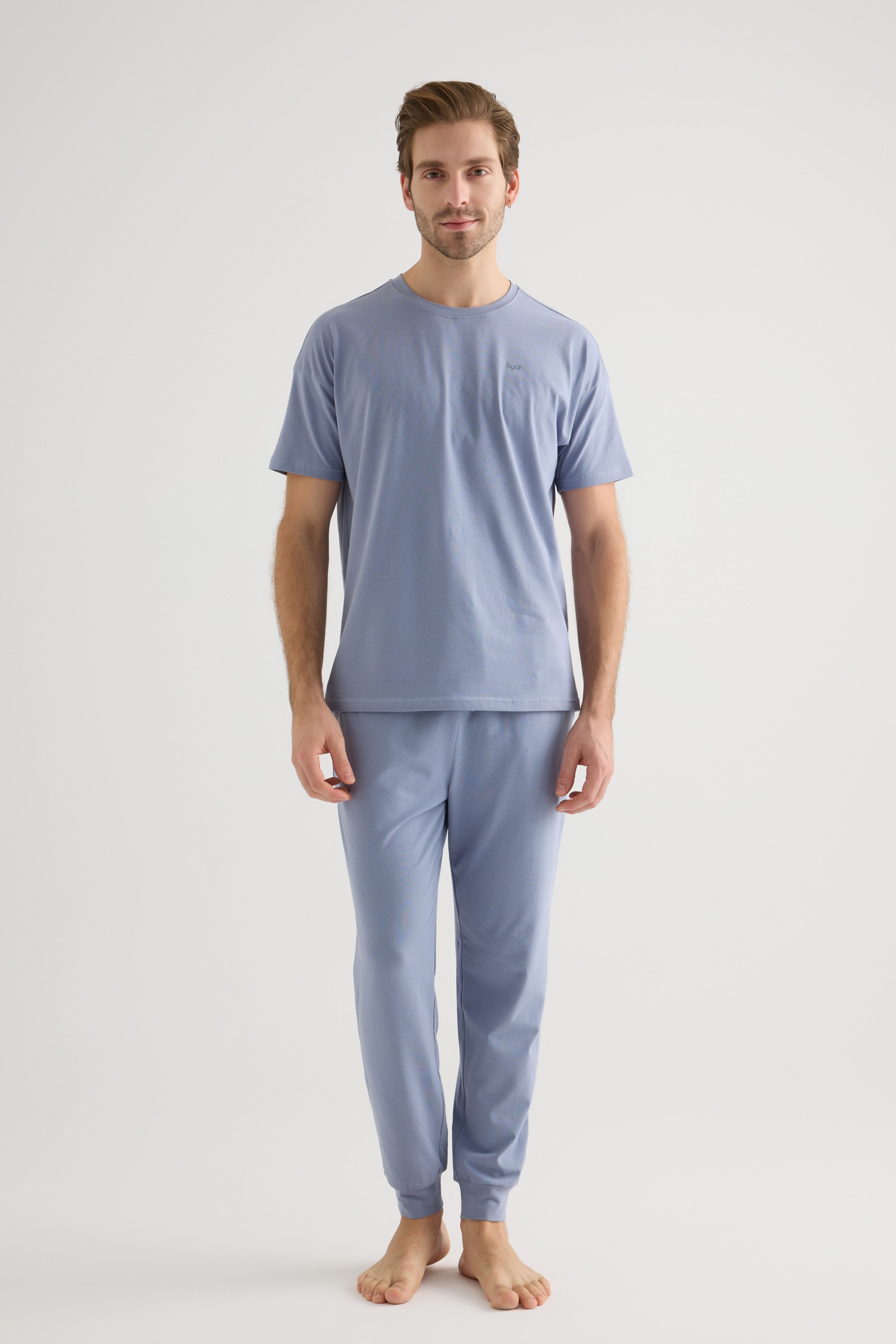 Erkek Pamuklu Kısa Kollu Uzun Pijama Takımı