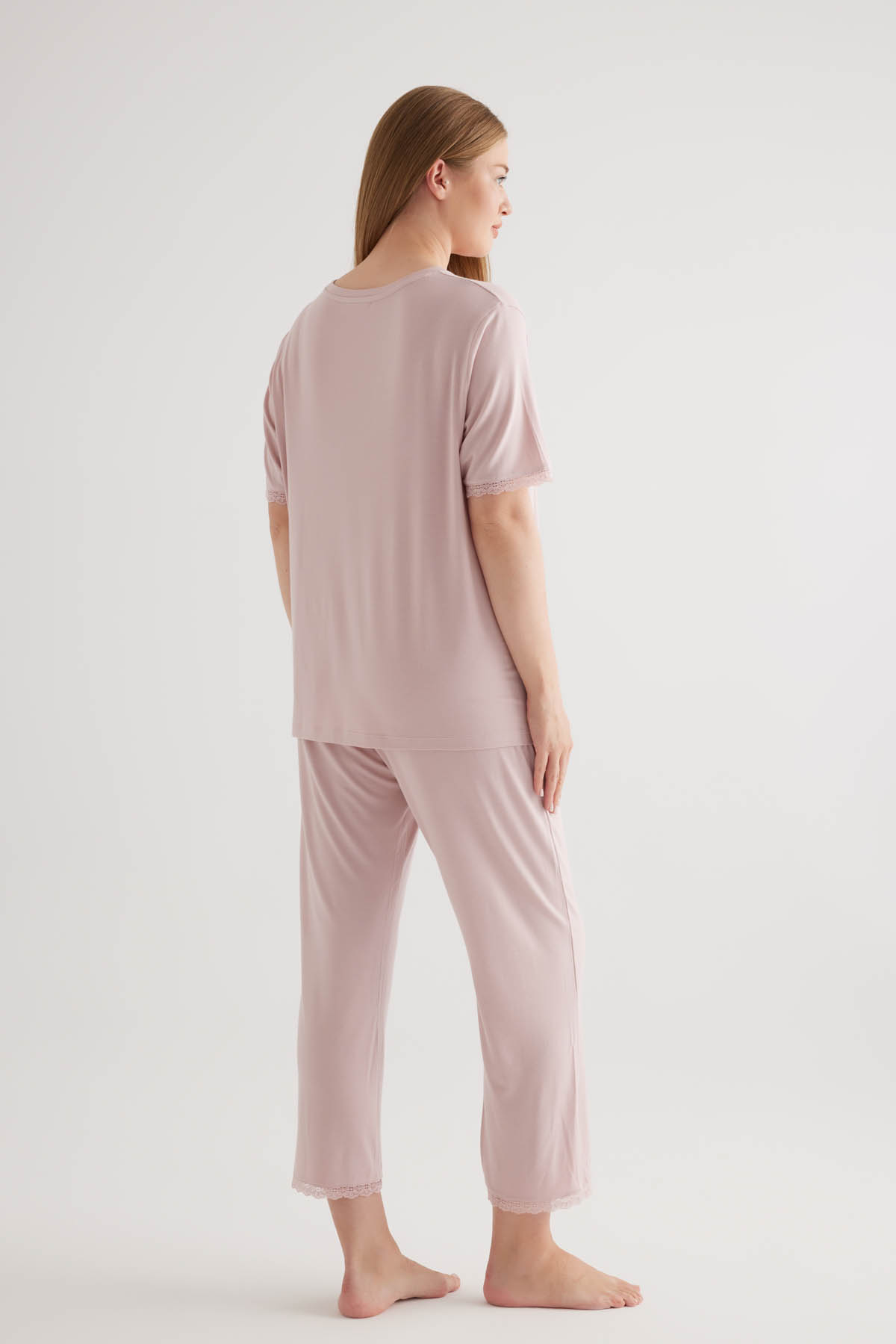 Kadın Plus Size Viscose Dantel Detaylı Uzun Pijama Altı