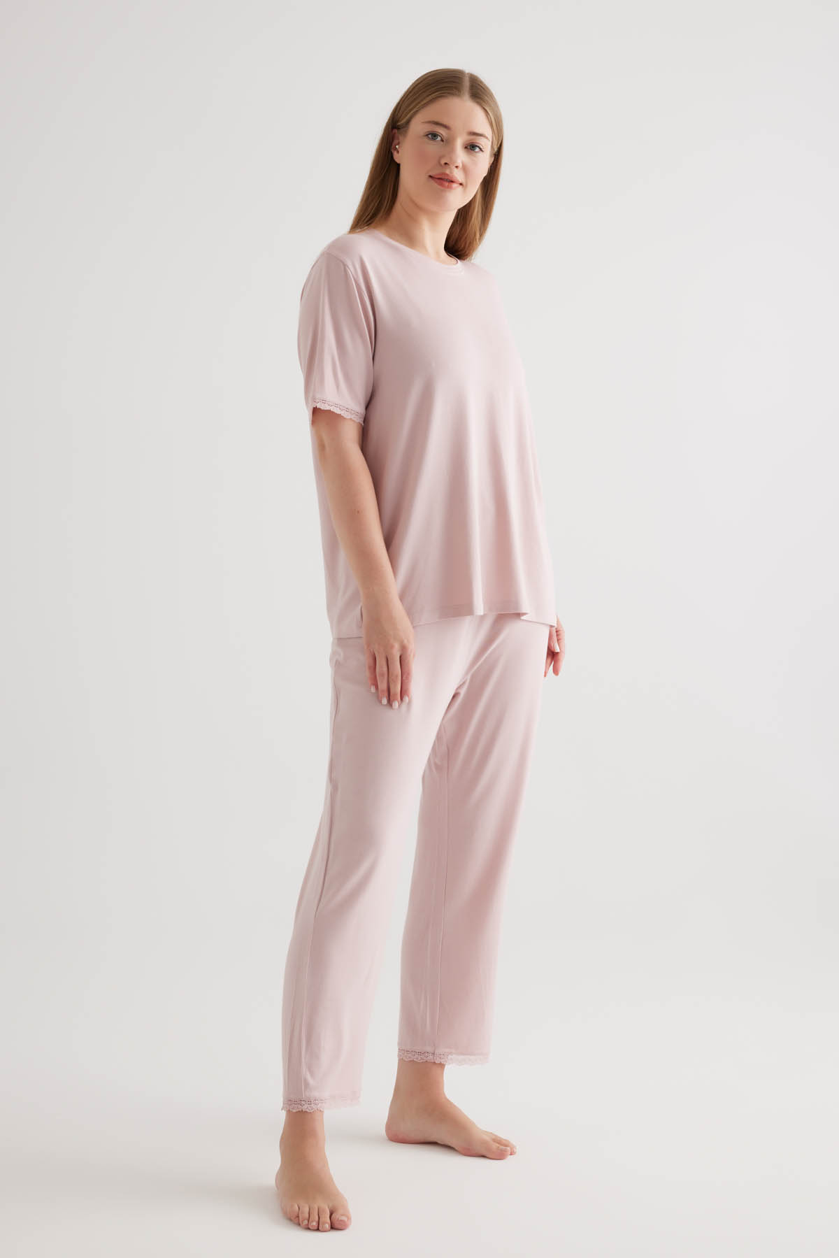 Kadın Plus Size Viscose Dantel Detaylı Uzun Pijama Altı