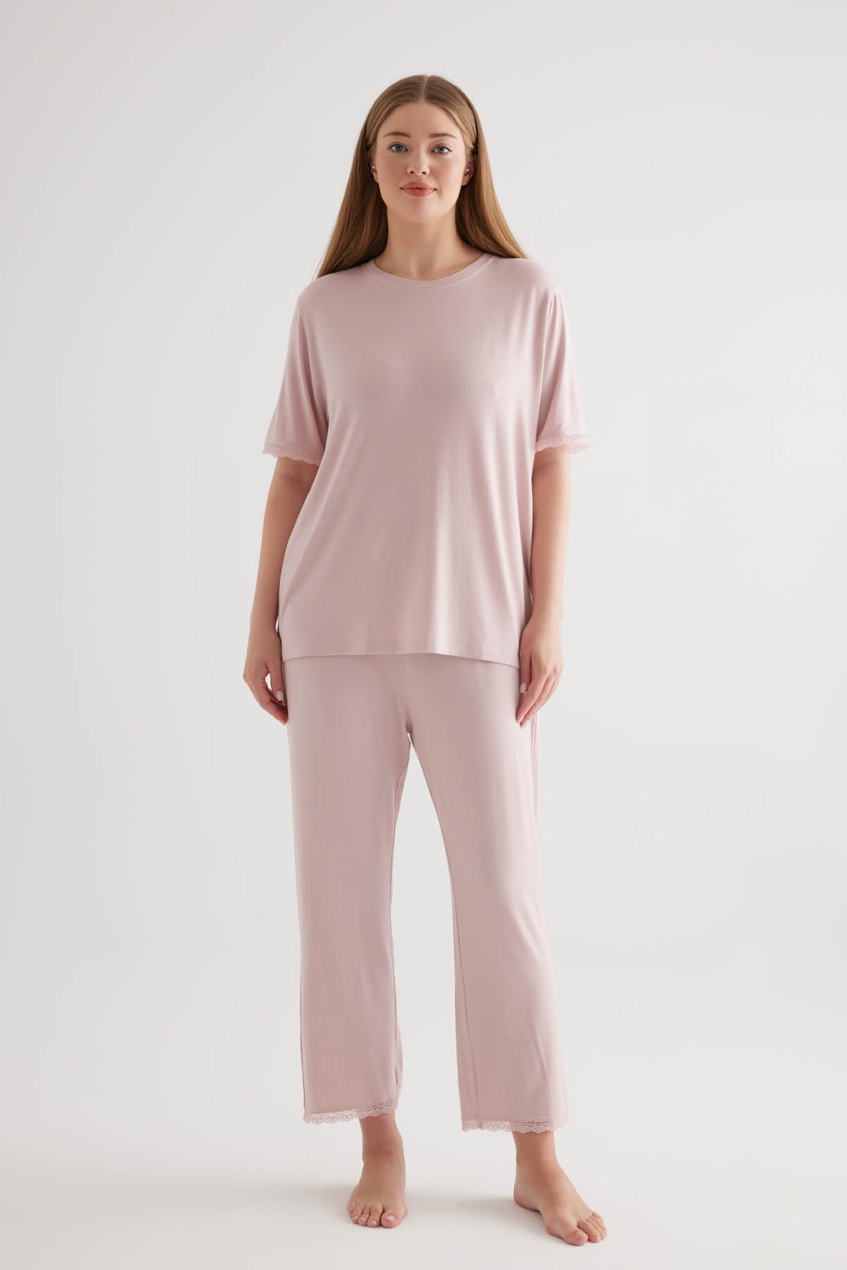 Kadın Plus Size Viscose Kısa Kollu Uzun Pijama Takımı