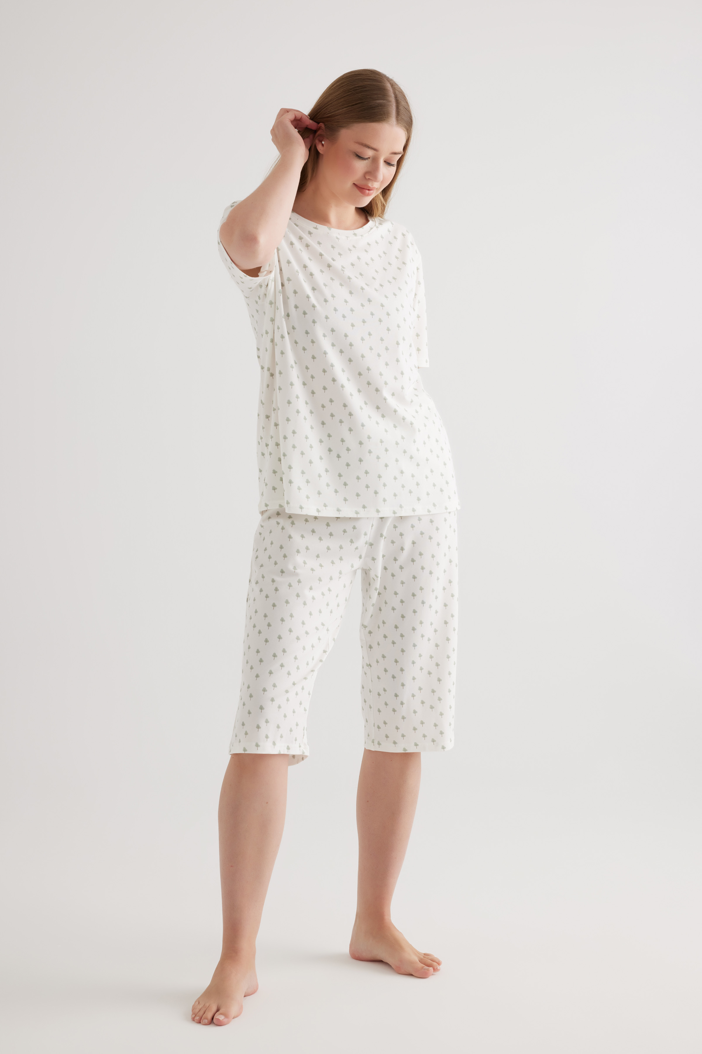 Kadın Plus Size Pamuklu Kısa Kollu Kapri Pijama Takımı