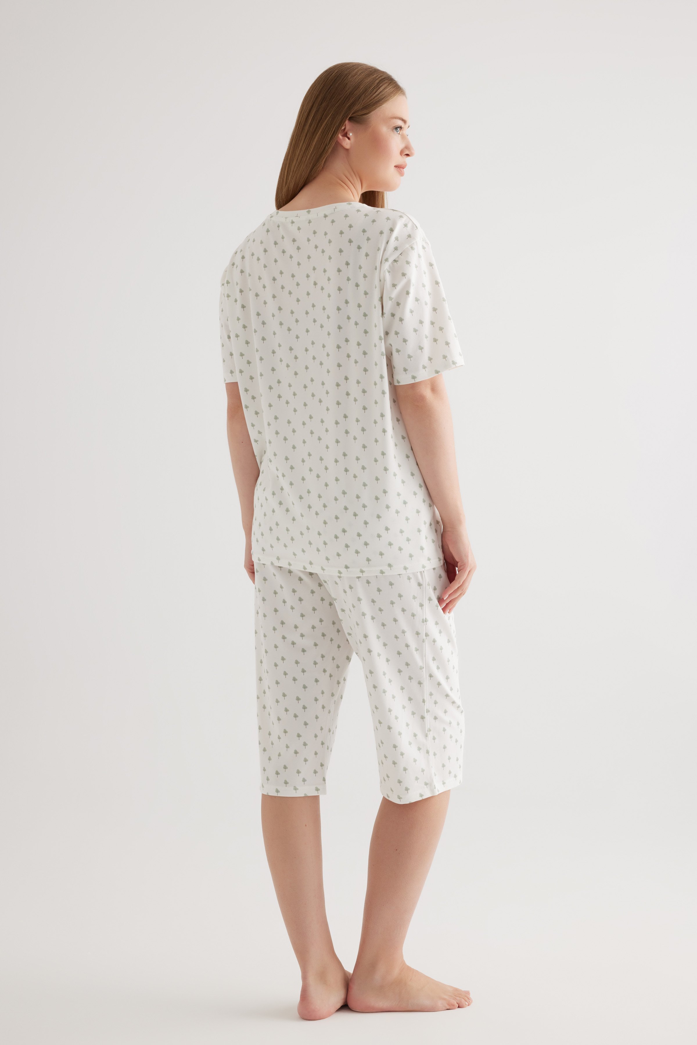 Kadın Plus Size Pamuklu Kısa Kollu Kapri Pijama Takımı