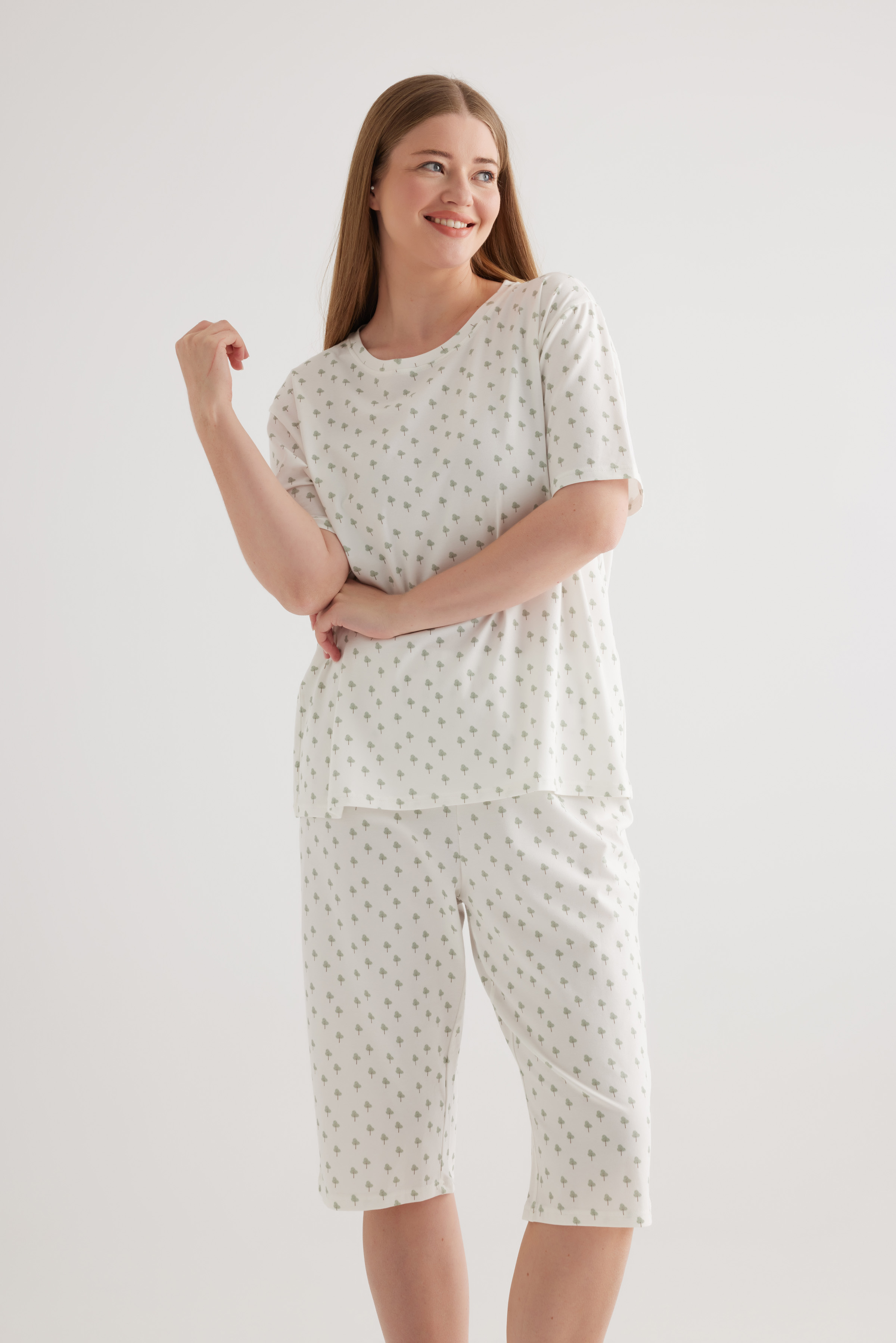 Kadın Plus Size Pamuklu Kısa Kollu Pijama Üstü