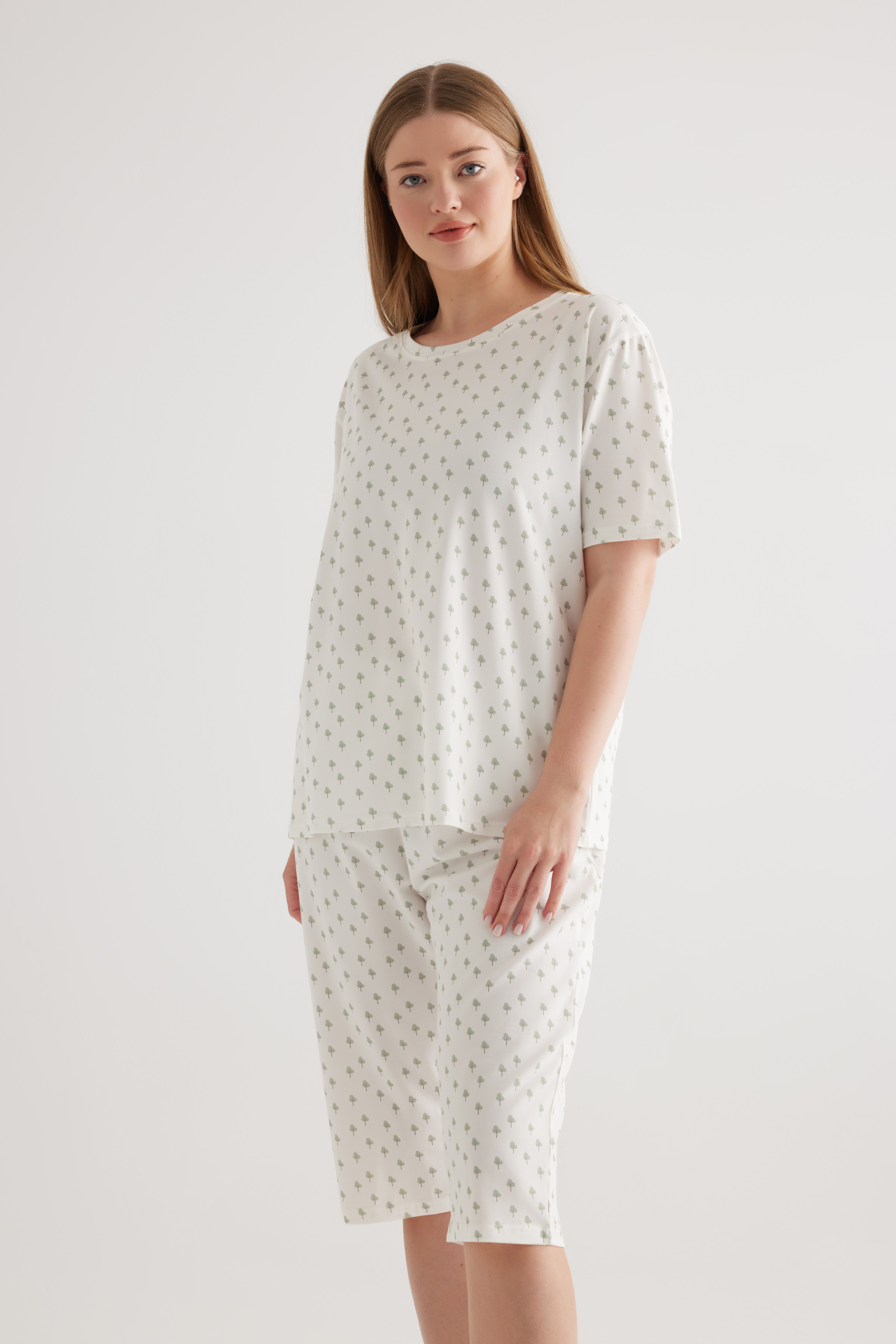 Kadın Plus Size Pamuklu Kısa Kollu Pijama Üstü
