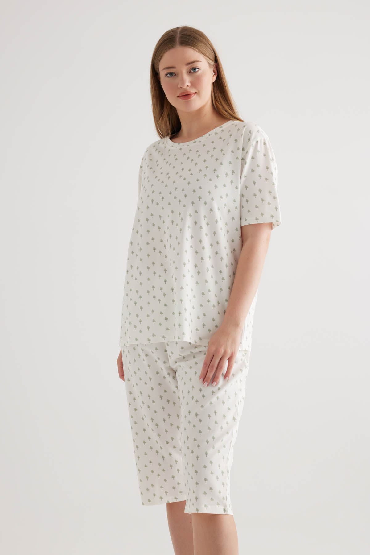 Kadın Plus Size Pamuklu Kısa Kollu Pijama Üstü
