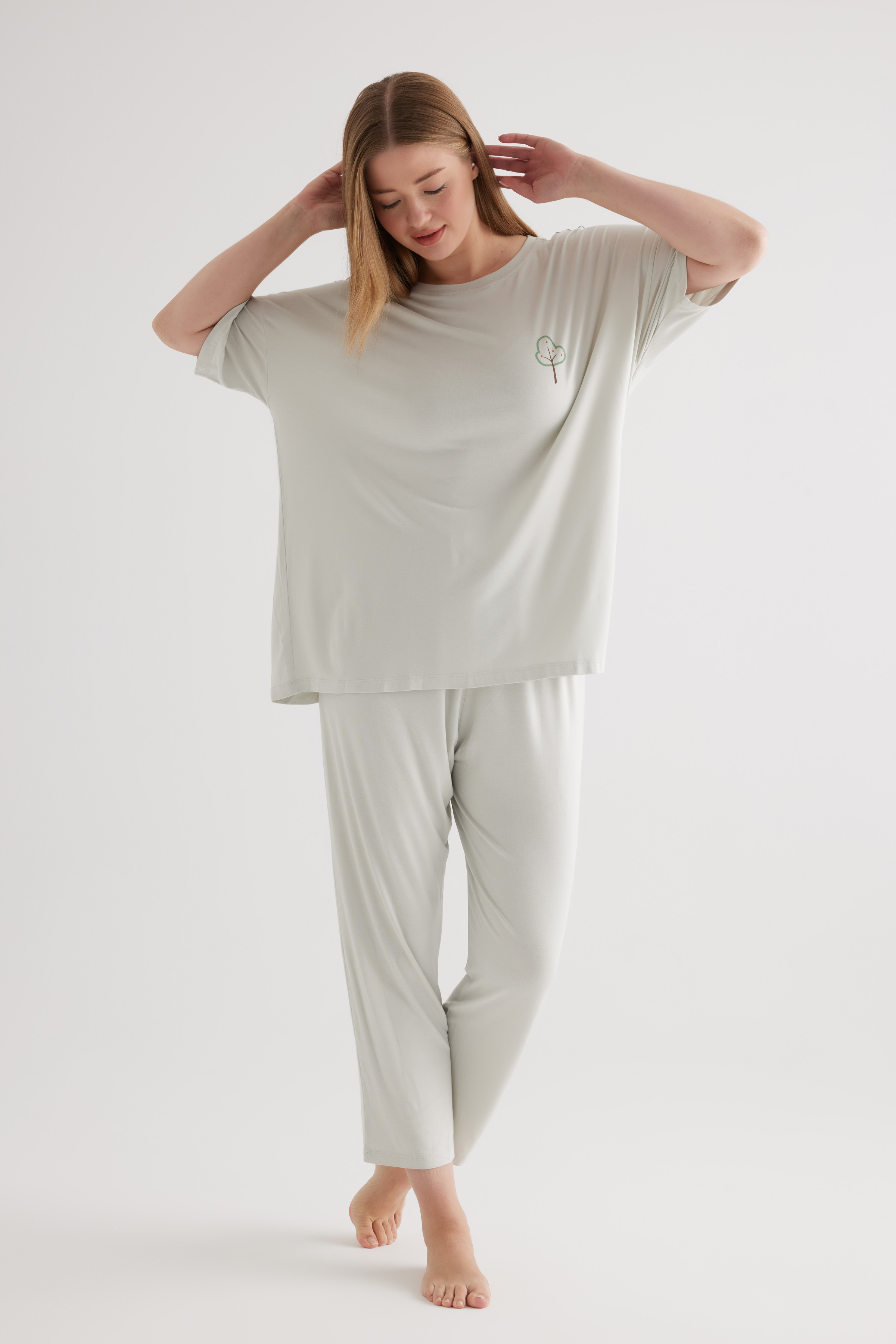 Kadın Plus Size Viscose Kısa Kollu Uzun Pijama Takımı