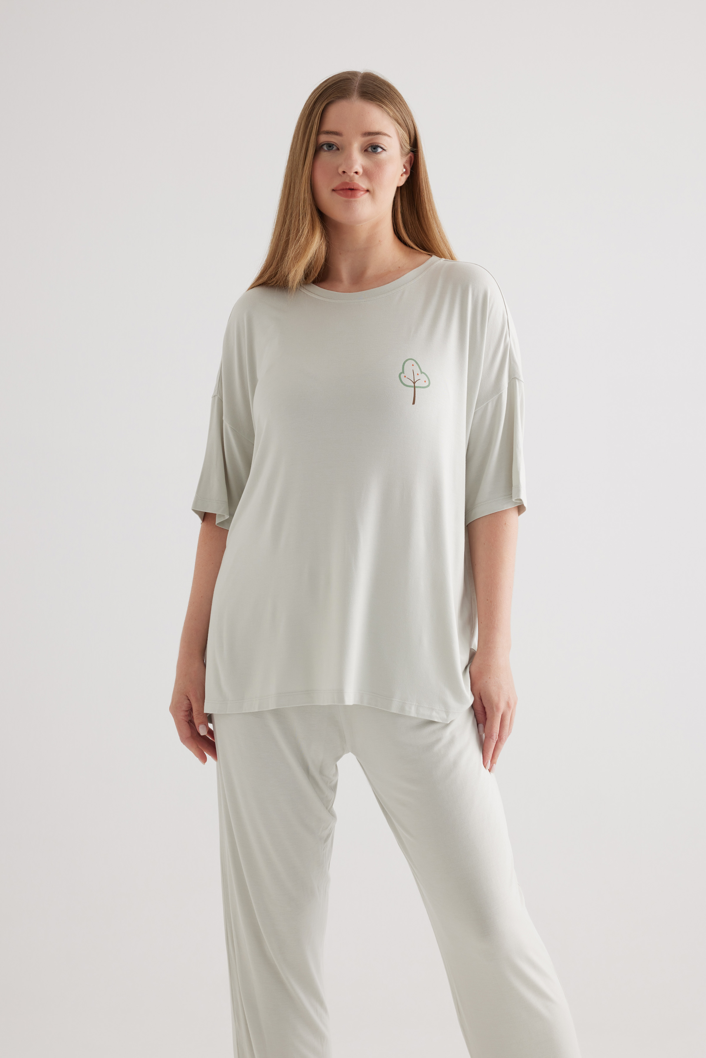 Kadın Plus Size Viscose Kısa Kollu Pijama Üstü