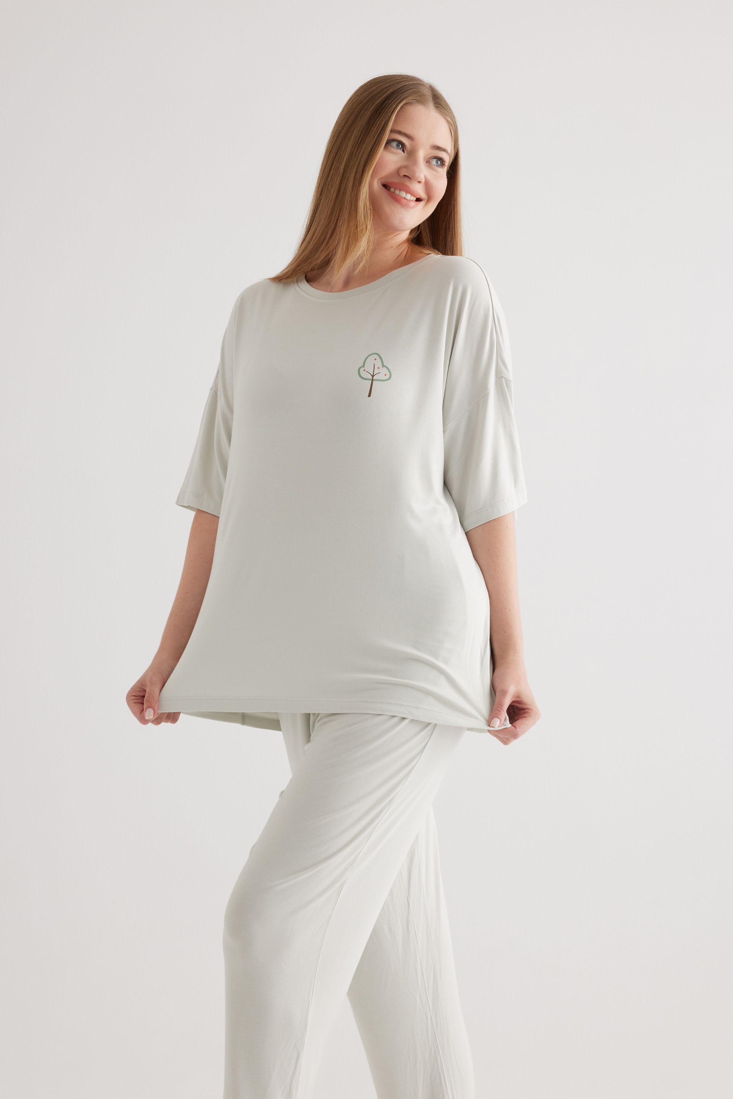 Kadın Plus Size Viscose Kısa Kollu Pijama Üstü