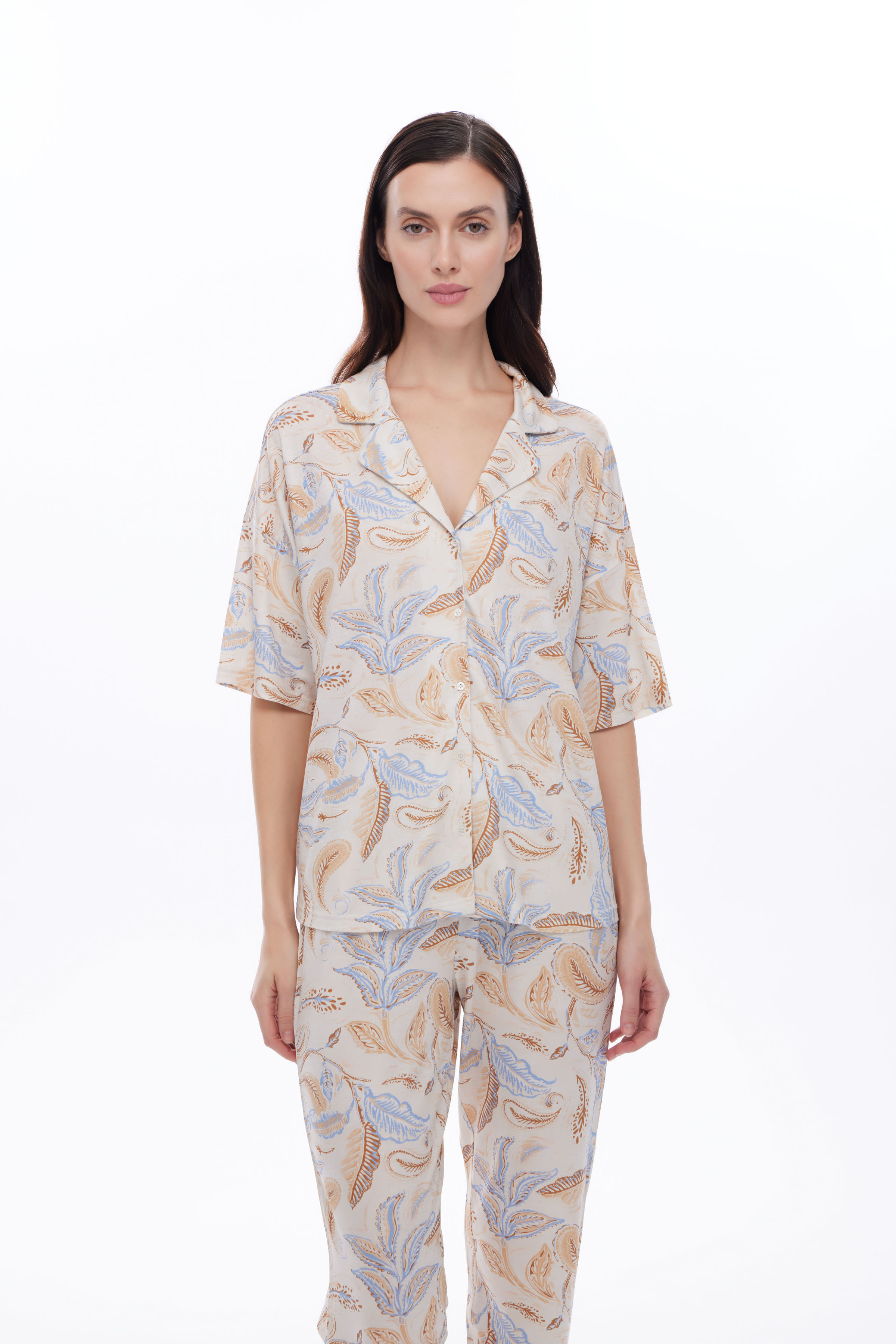 Kadın Viscose Kısa Kollu Gömlek Pijama Üstü