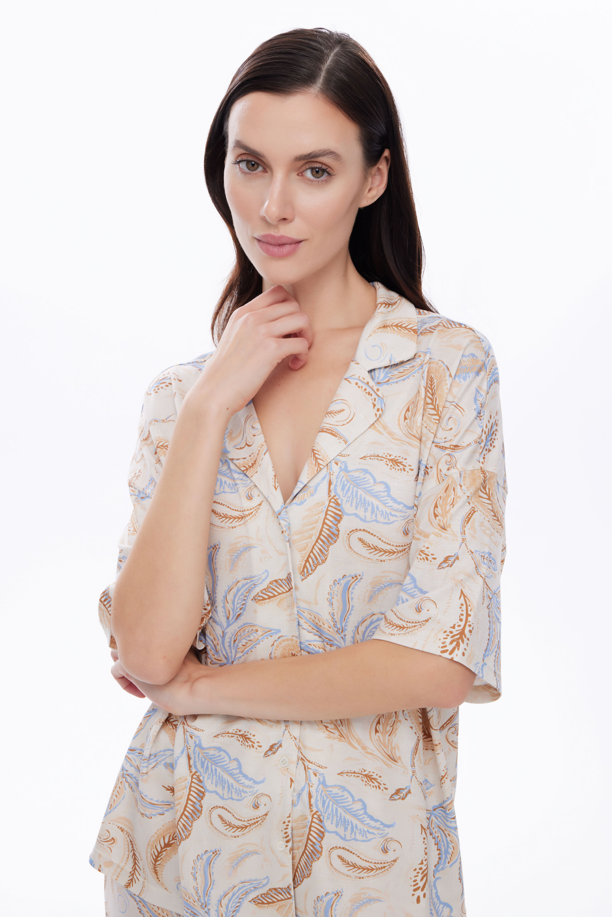 Kadın Viscose Kısa Kollu Gömlek Pijama Üstü