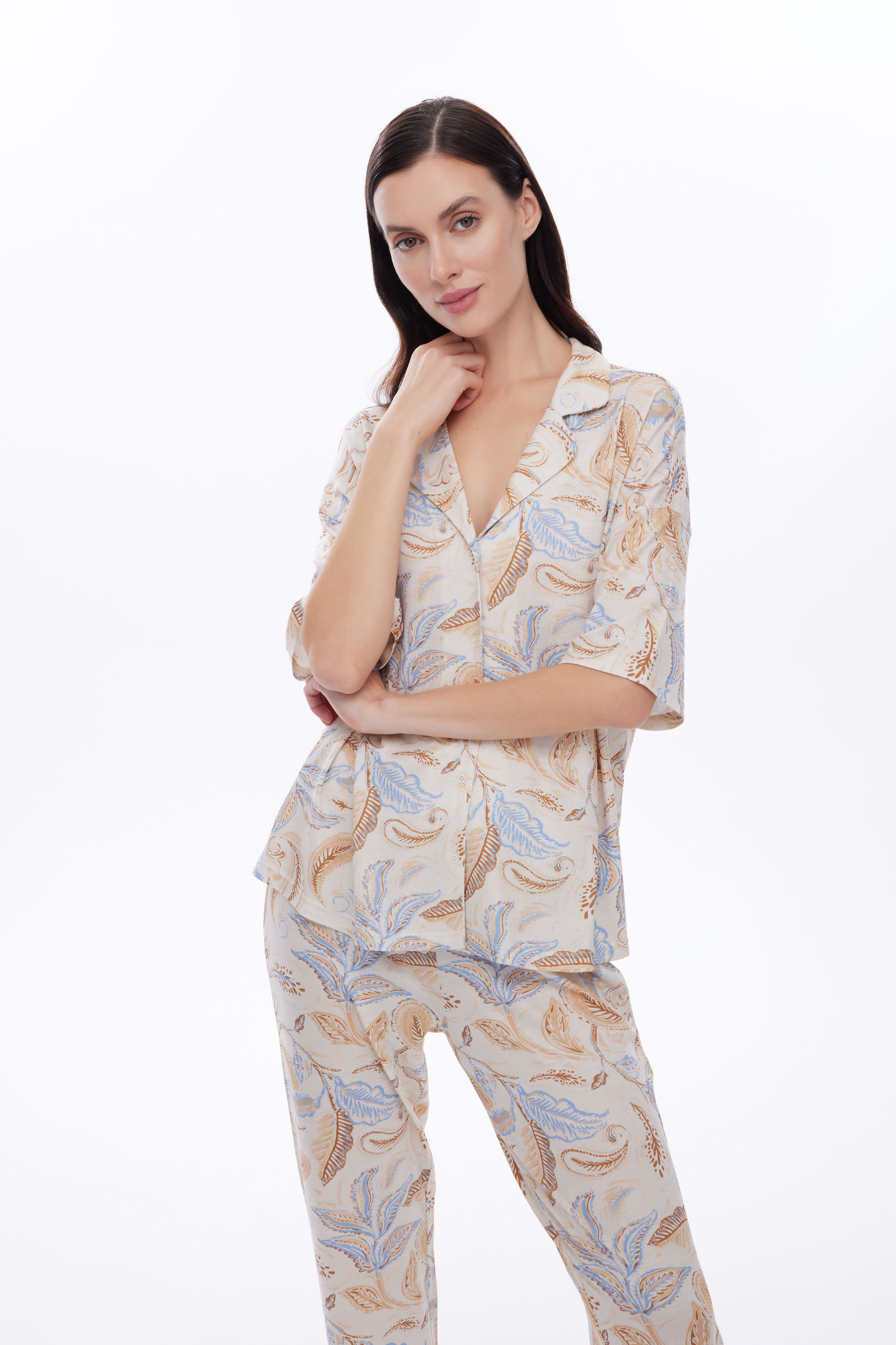 Kadın Viscose Kısa Kollu Gömlek Pijama Üstü
