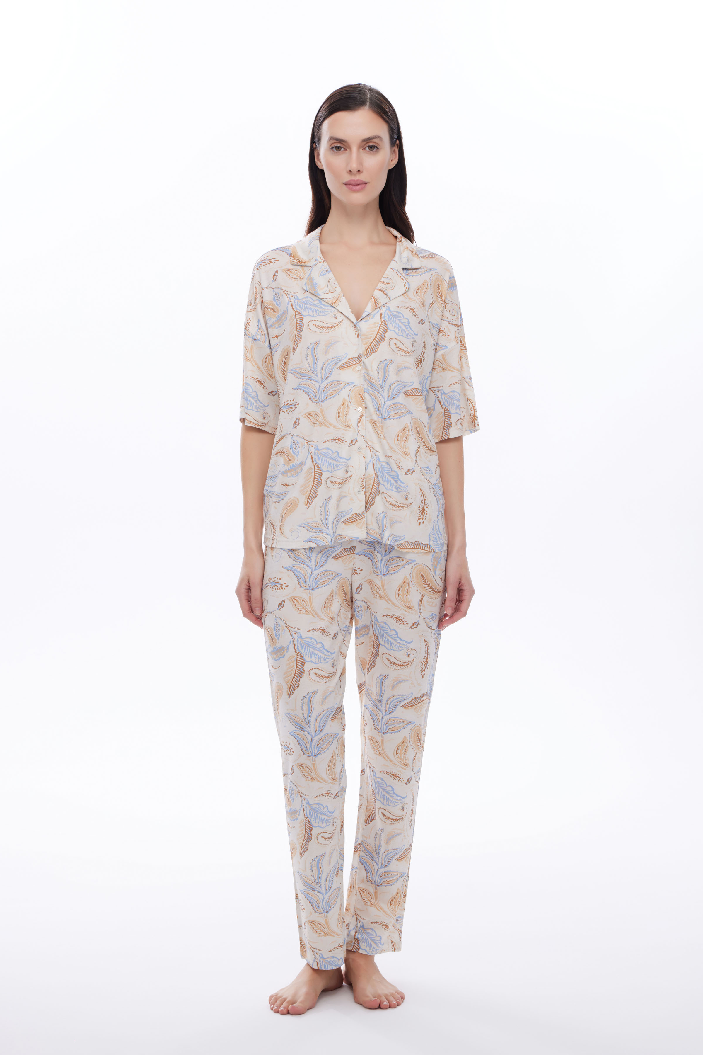 Kadın Viscose Kısa Kollu Gömlek Uzun Pijama Takımı