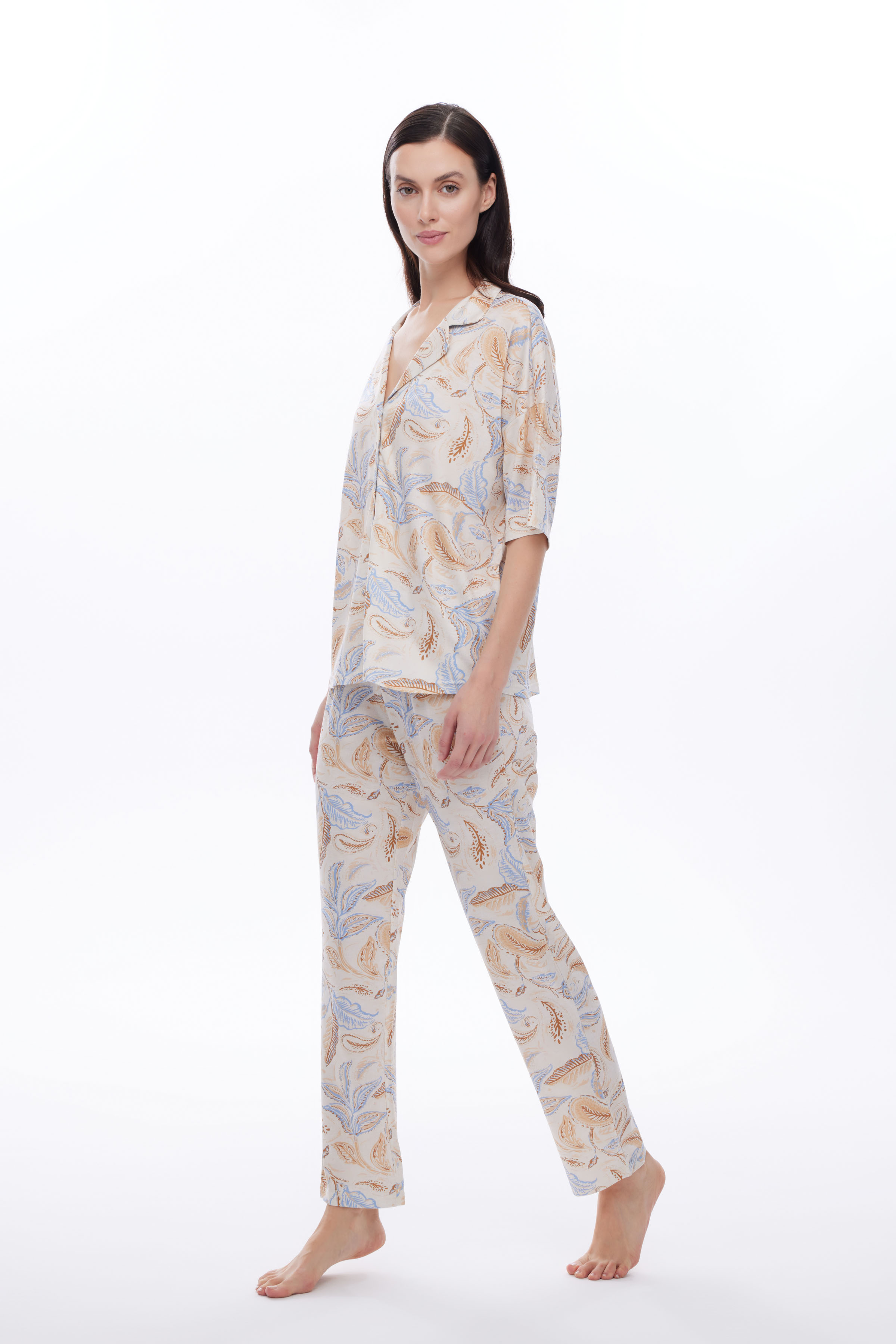 Kadın Viscose Kısa Kollu Gömlek Uzun Pijama Takımı