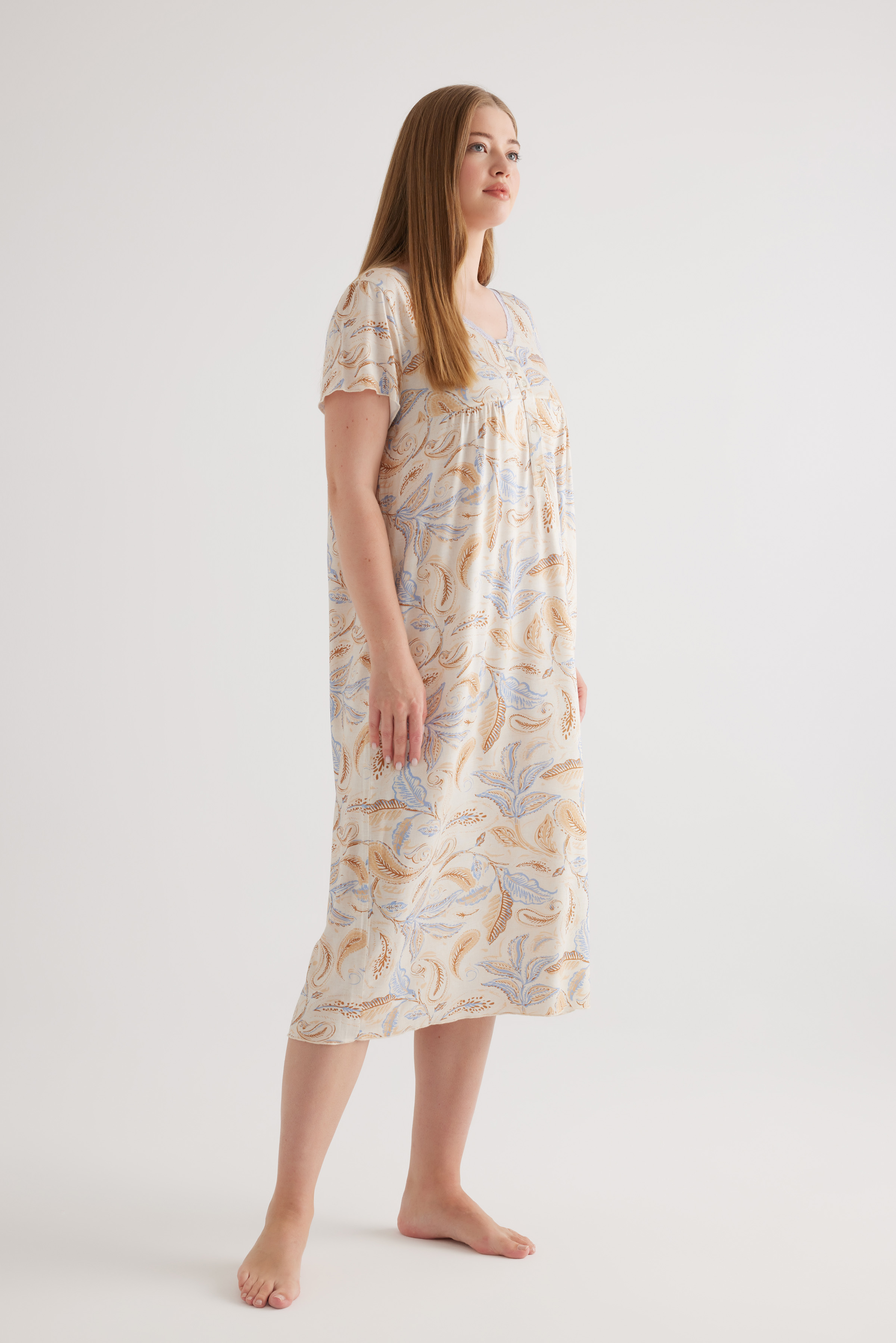 Kadın Plus Size Viscose V Yaka Patlı Kısa Kollu Gecelik