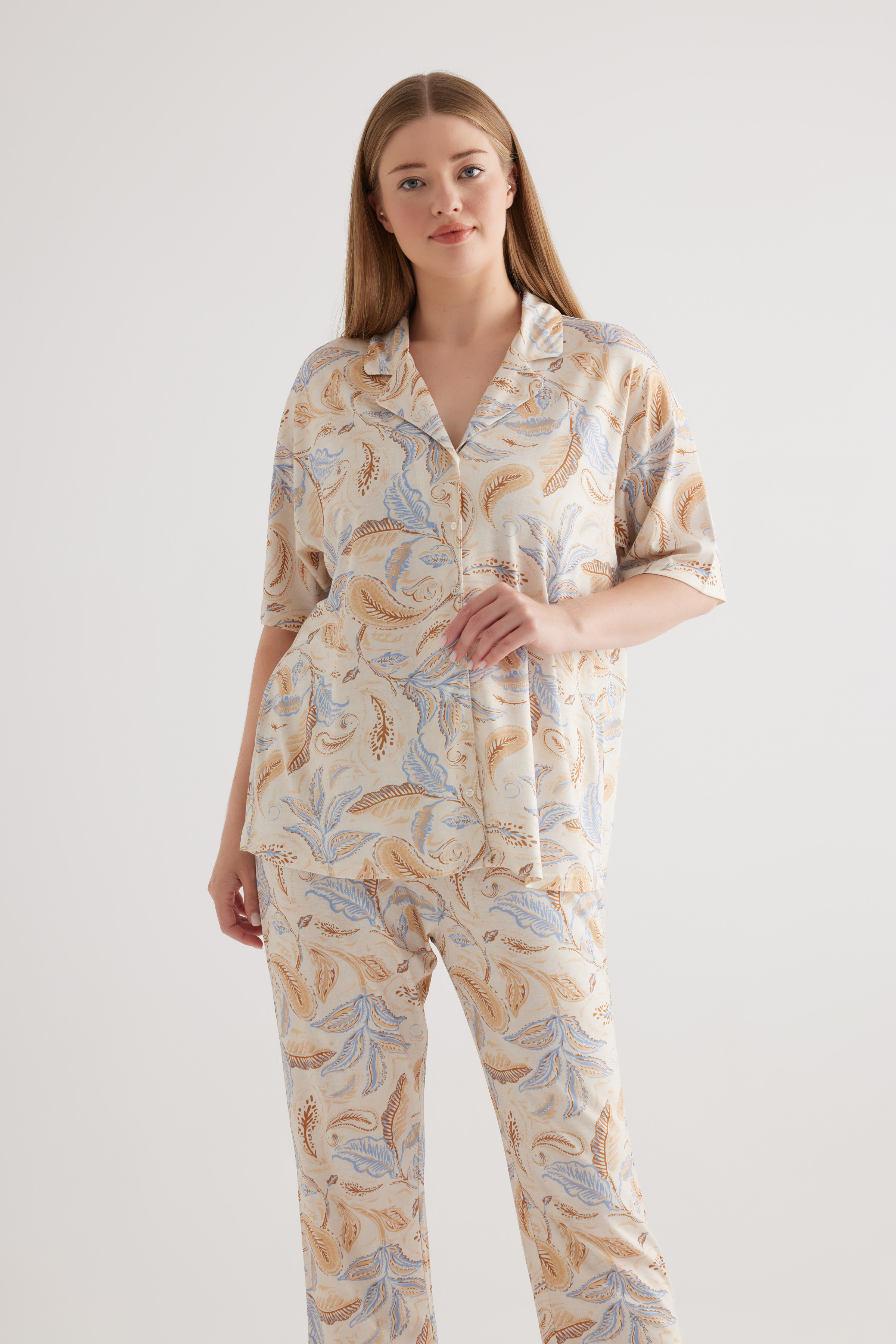 Kadın Plus Size Viscose Kısa Kollu Gömlek Pijama Üstü