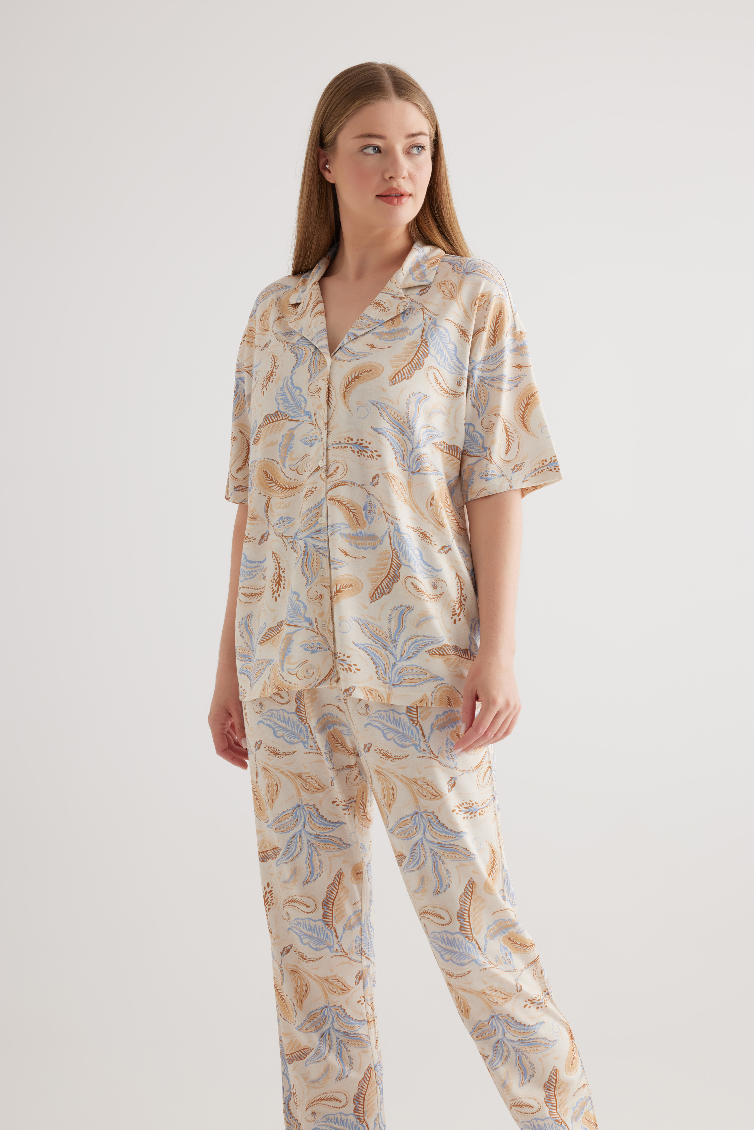 Kadın Plus Size Viscose Kısa Kollu Gömlek Pijama Üstü