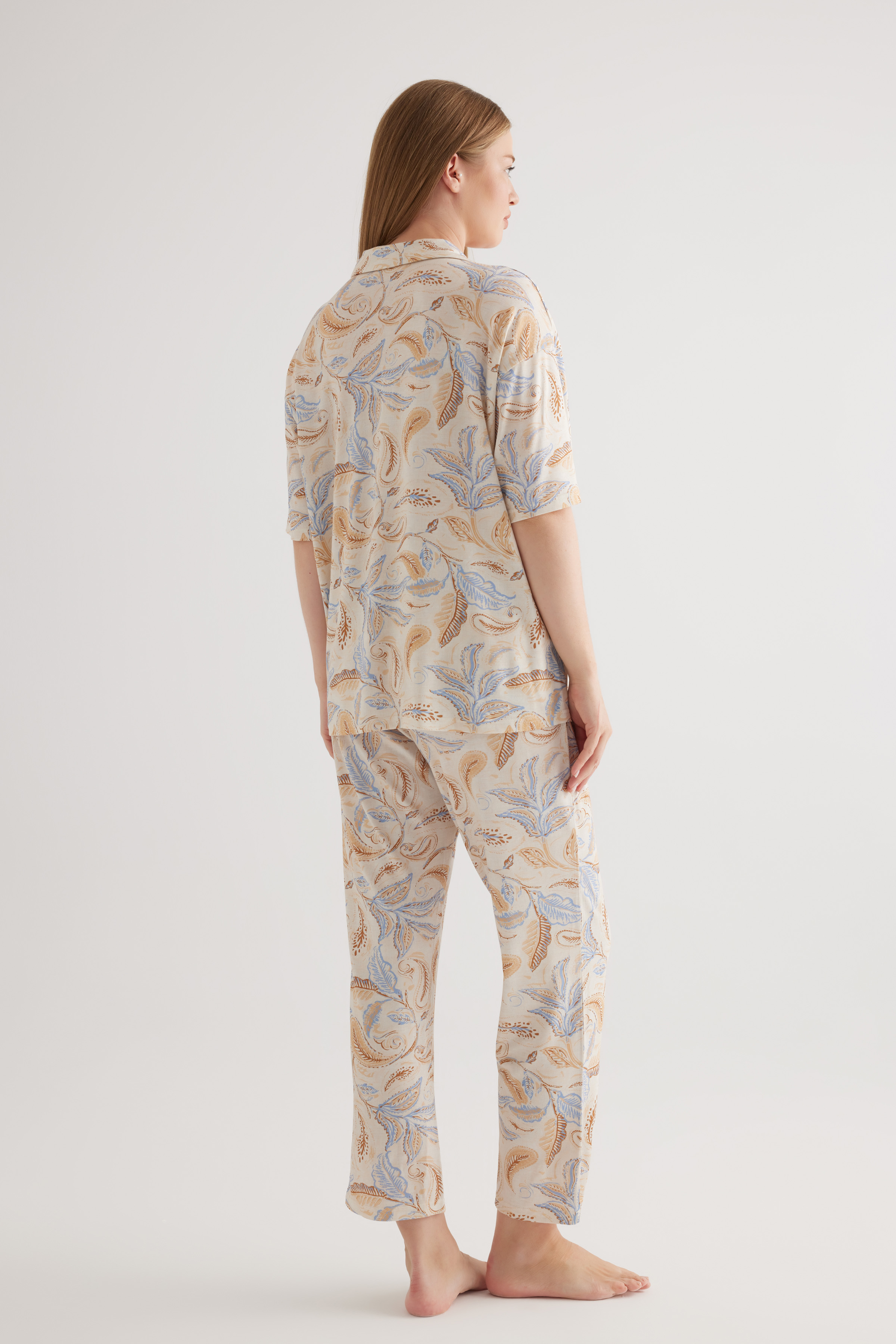 Kadın Plus Size Viscose Kısa Kollu Gömlek Pijama Üstü