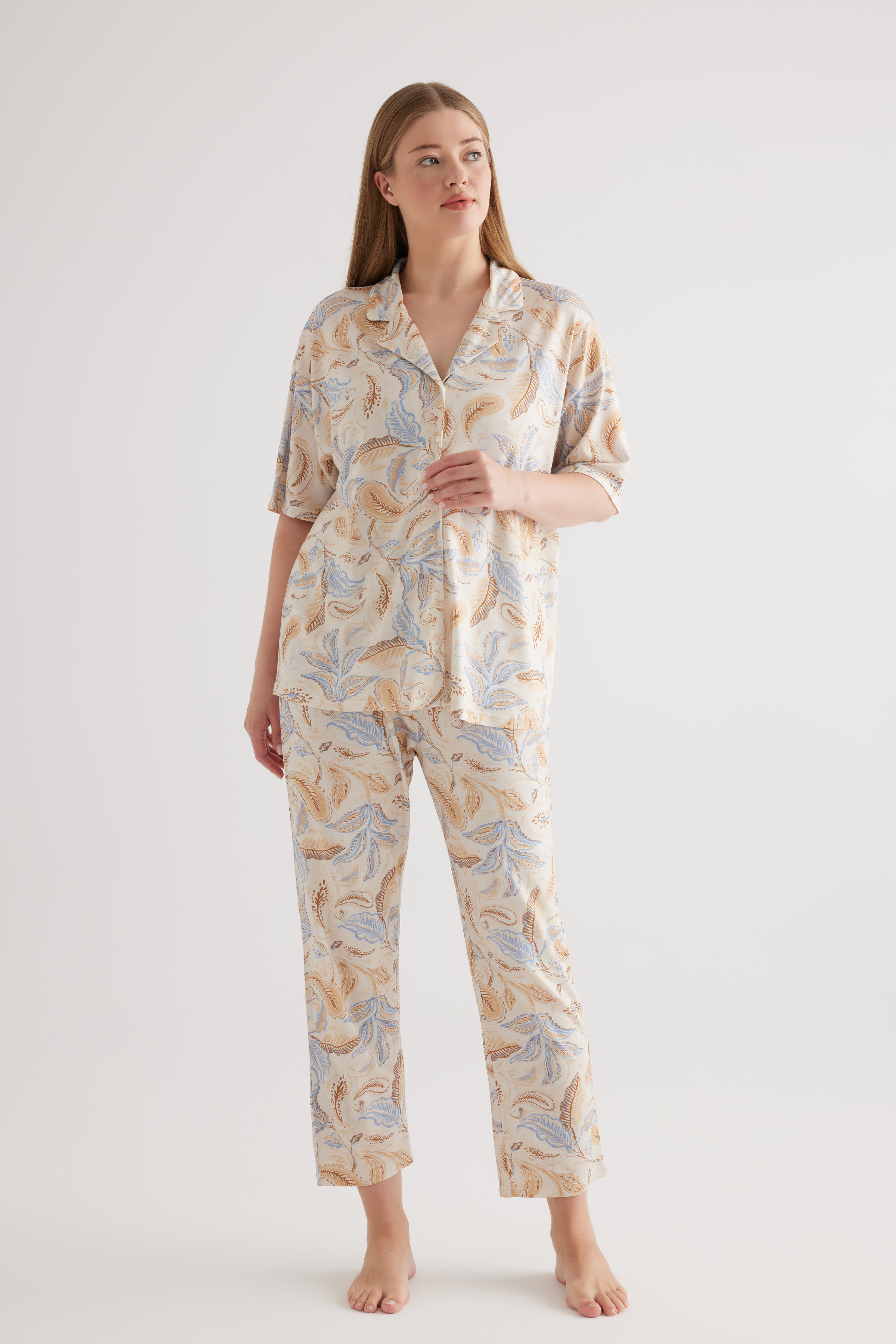 Kadın Plus Size Viscose Kısa Kol Gömlek Uzun Pijama Takımı