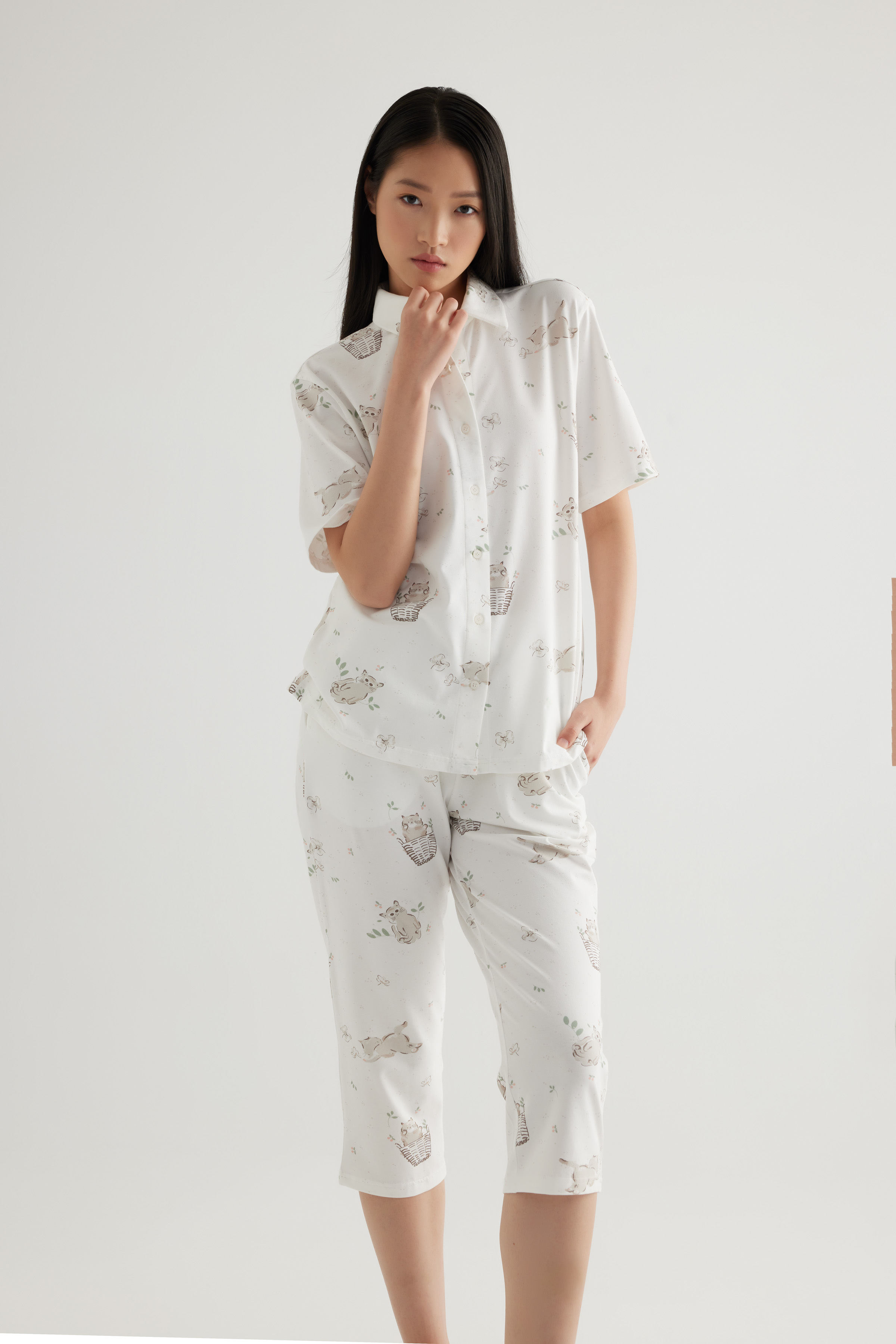 Kadın Pamuklu Kısa Kollu Gömlek Pijama Üstü