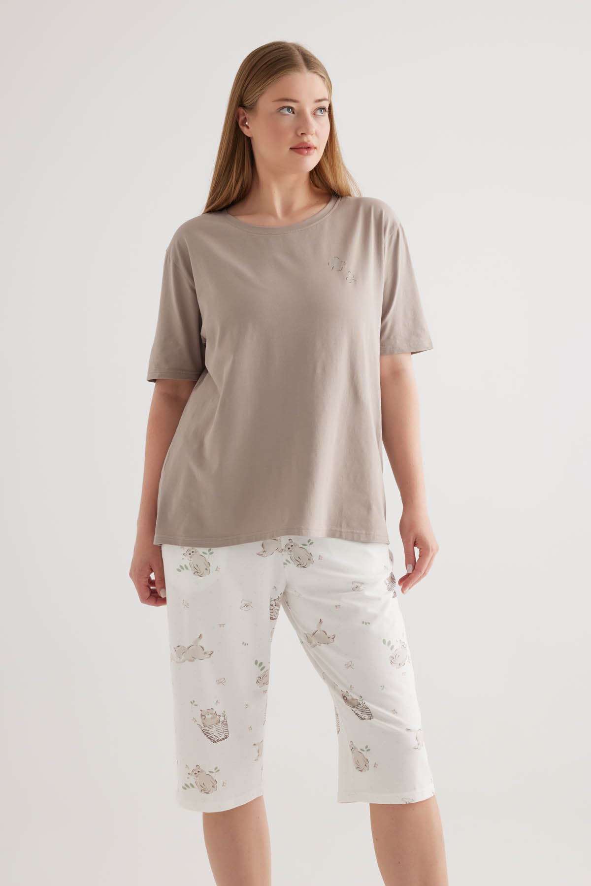 Kadın Plus Size Pamuklu Kısa Kollu Pijama Üstü