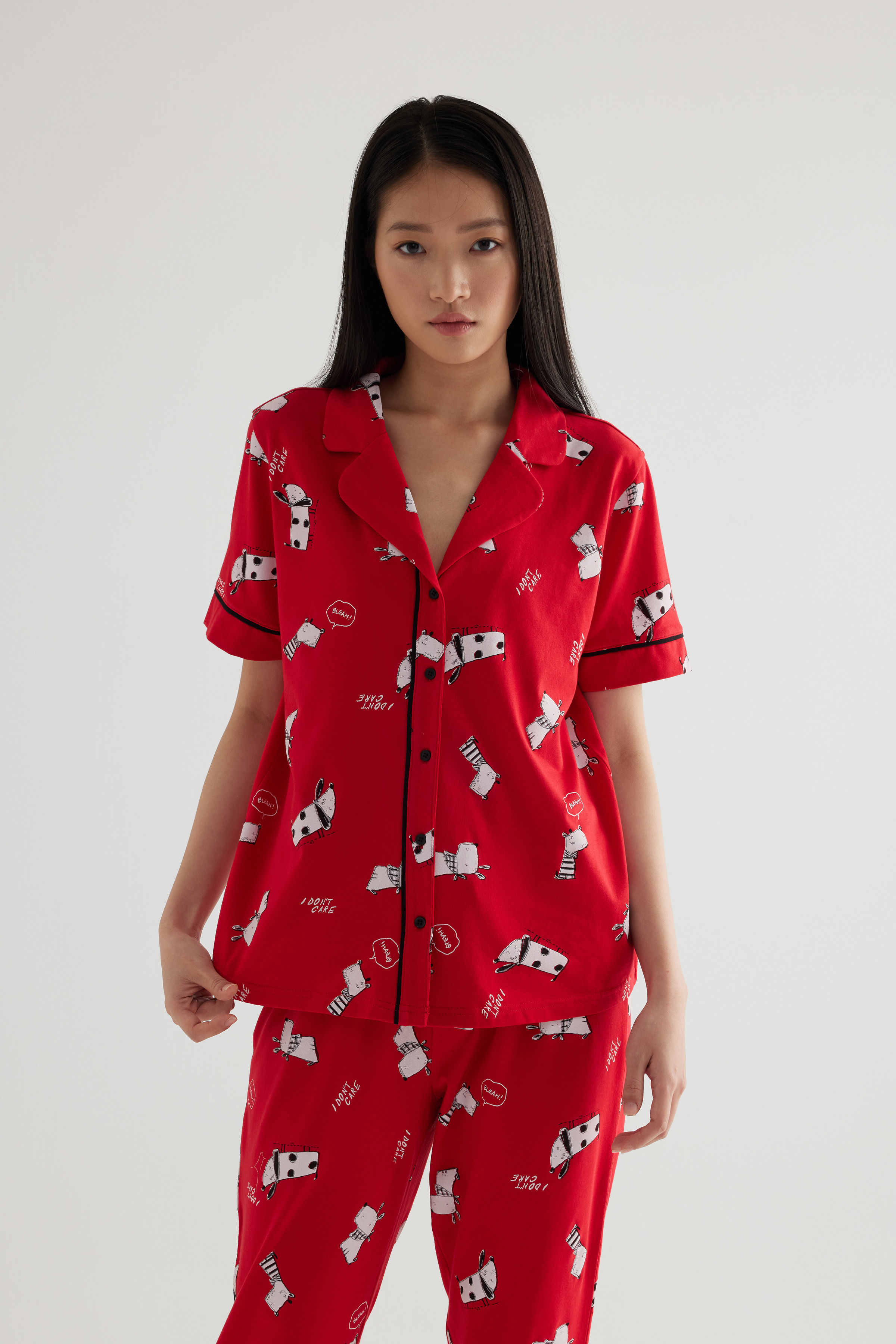 Kadın Pamuklu Kısa Kollu Gömlek Pijama Üstü