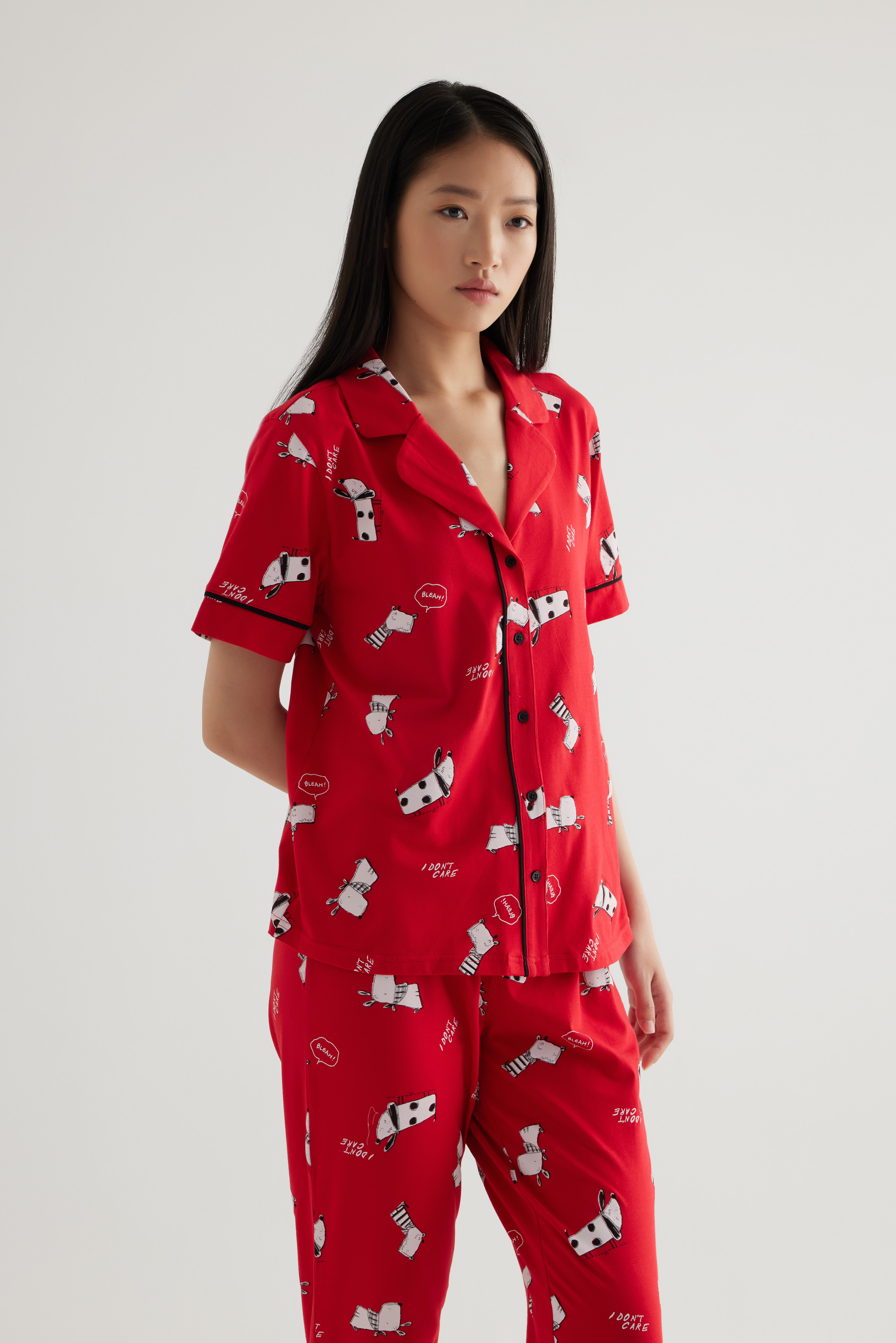 Kadın Pamuklu Kısa Kollu Gömlek Pijama Üstü