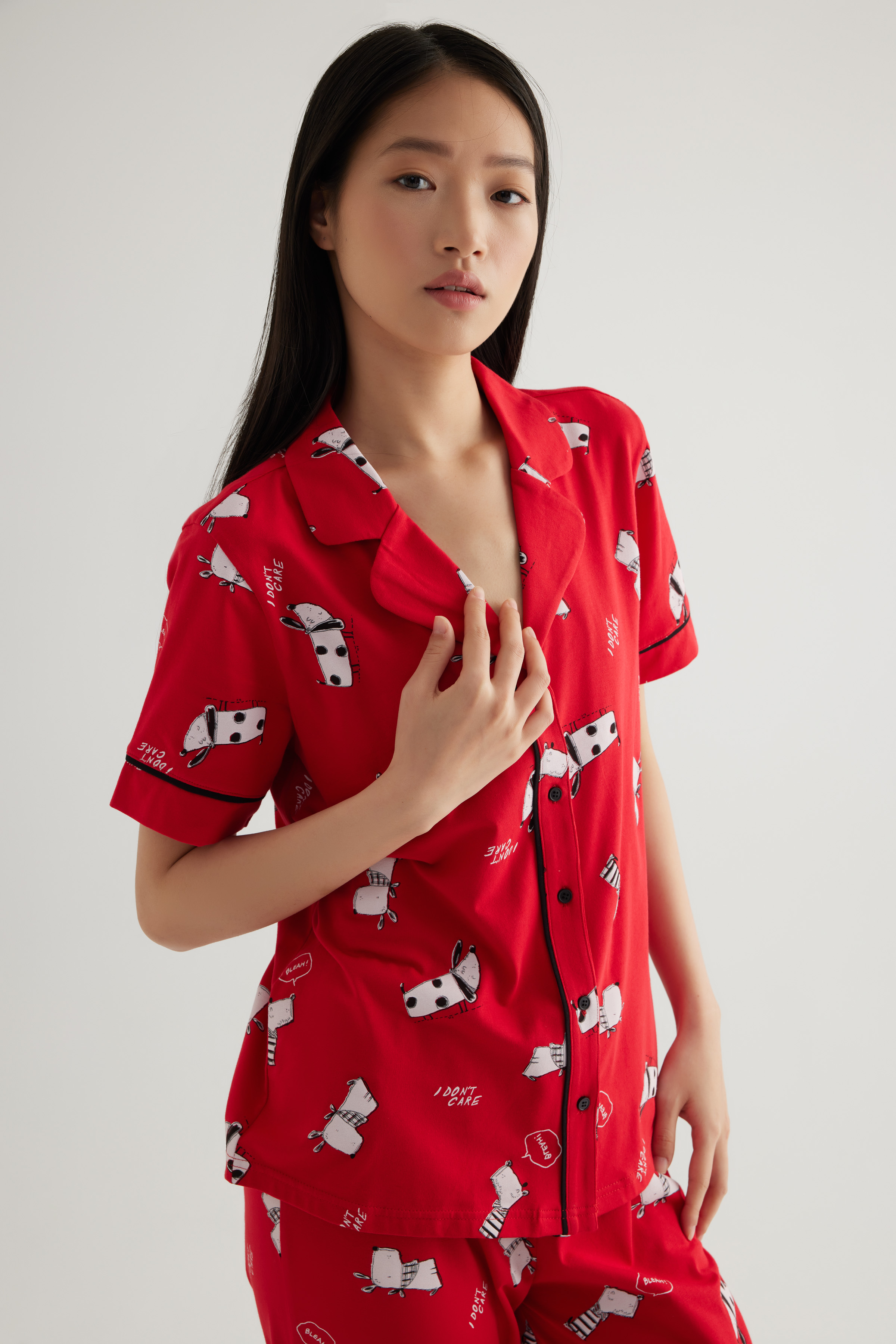 Kadın Pamuklu Kısa Kollu Gömlek Pijama Üstü