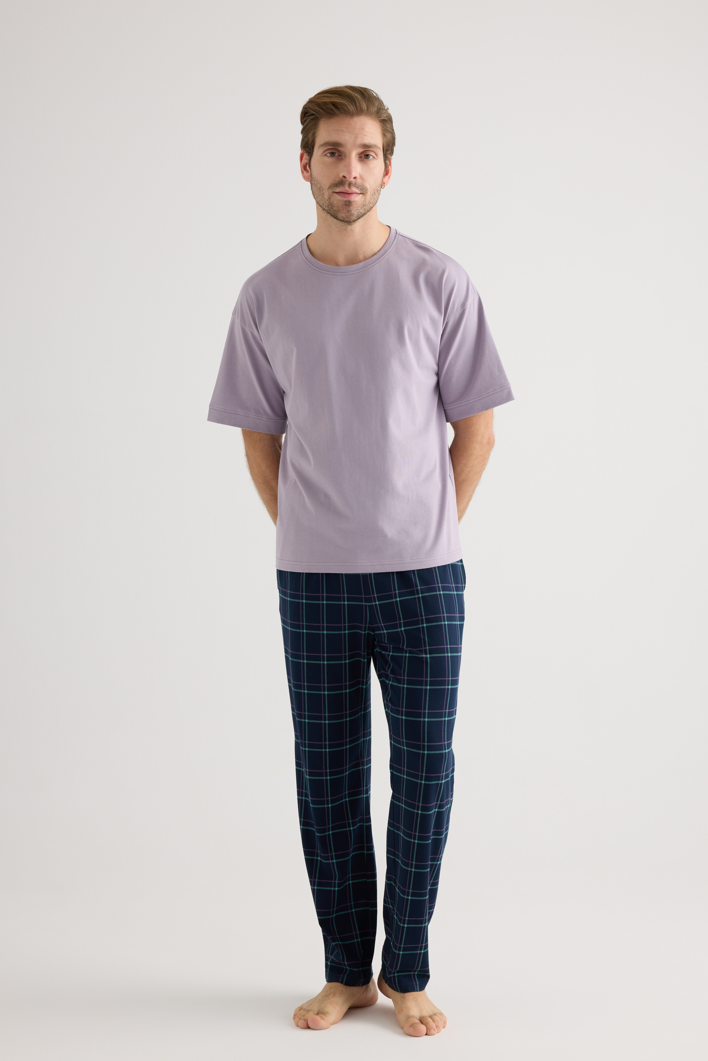 Erkek Pamuklu Kısa Kollu Uzun Pijama Takımı