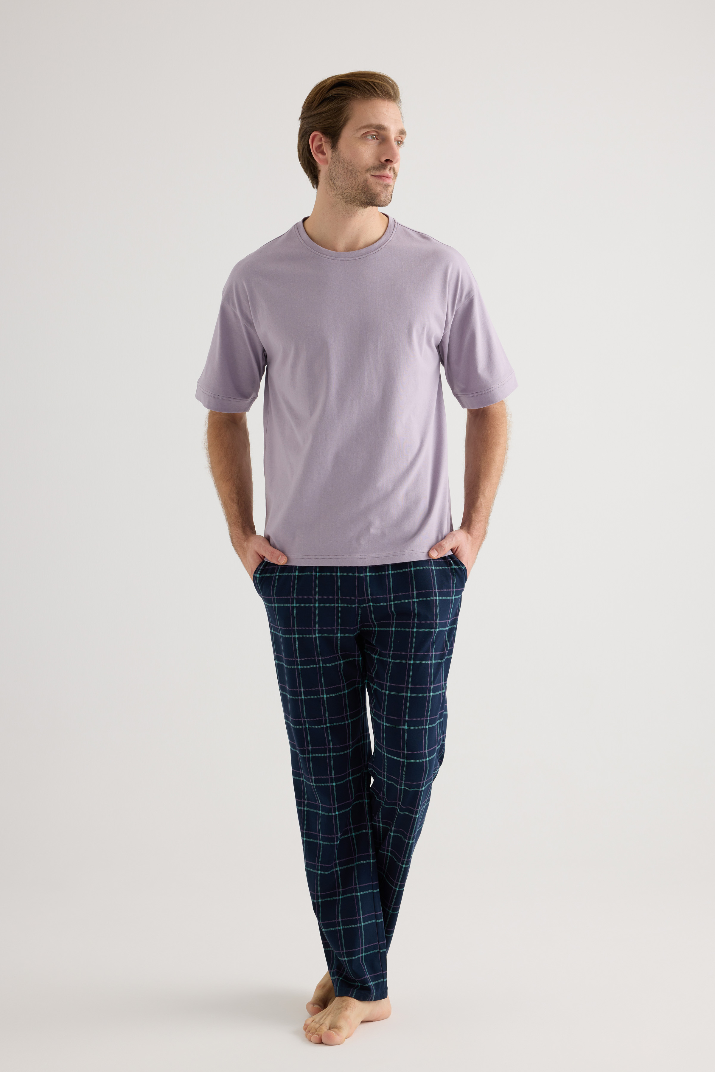 Erkek Pamuklu Kısa Kollu Uzun Pijama Takımı