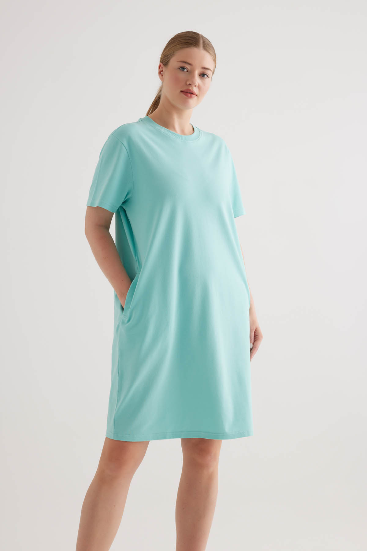 Kadın Plus Size Pamuklu Pique Cepli Kısa Kollu Elbise