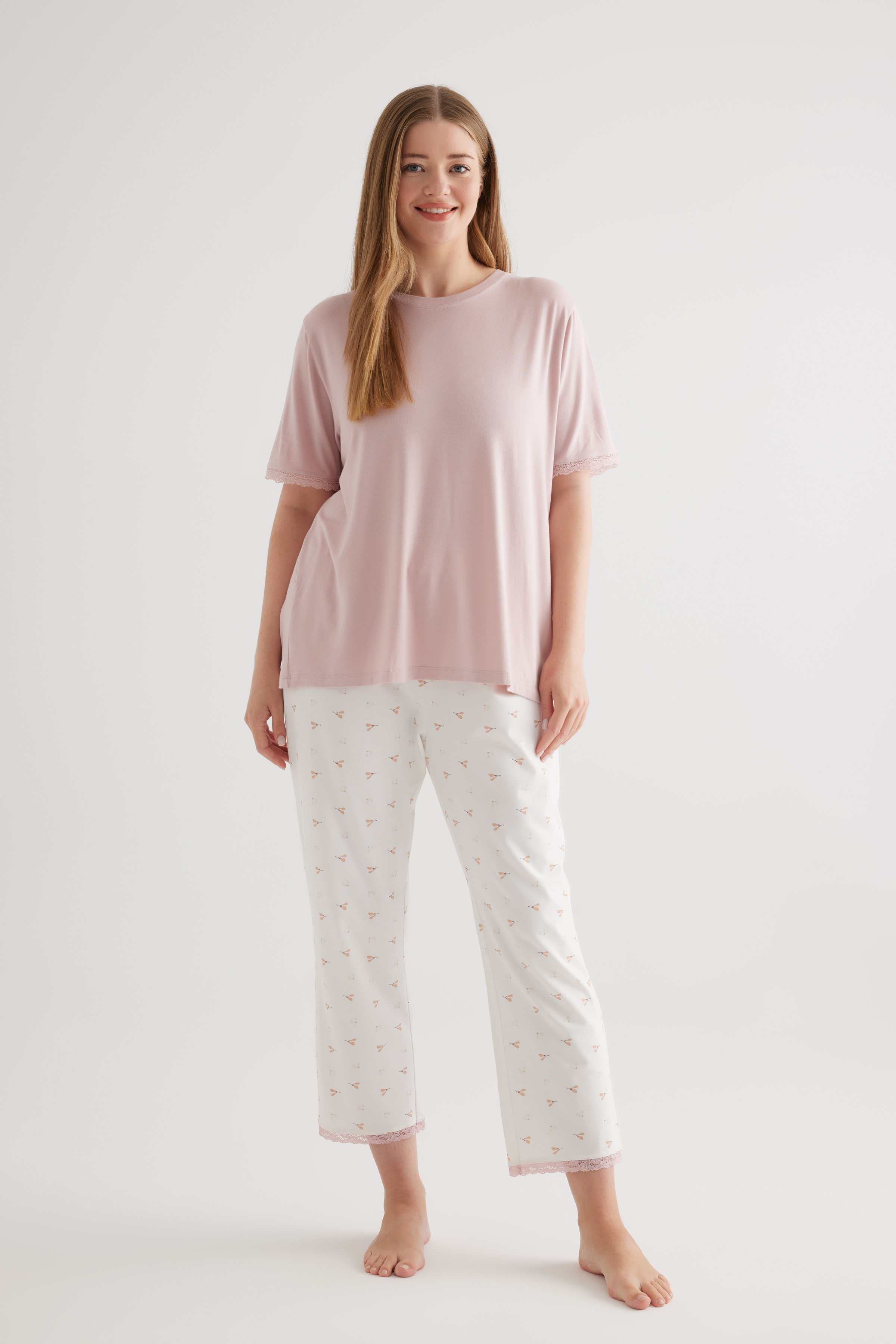 Kadın Plus Size Pamuklu Kısa Kollu Pijama Takımı
