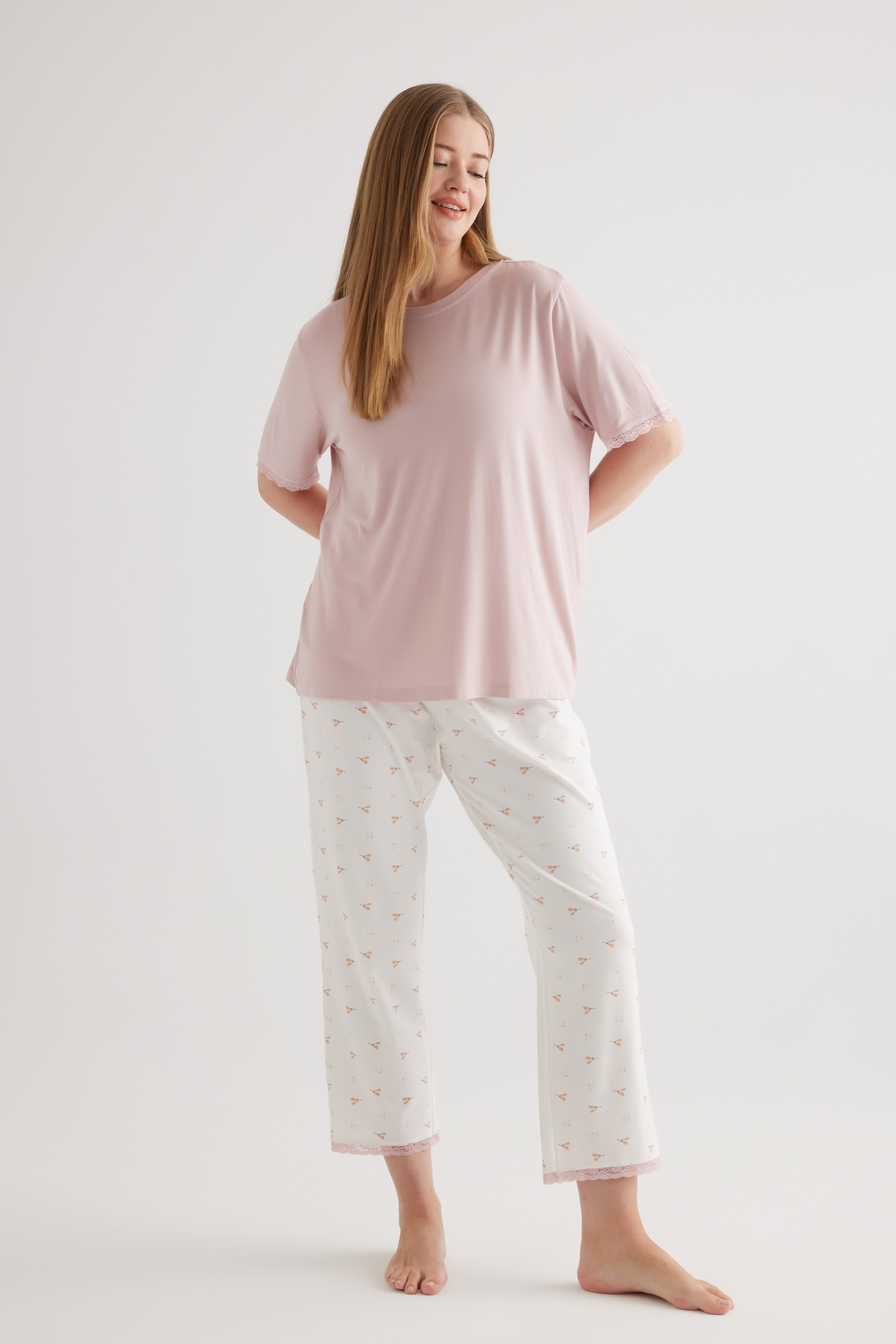 Kadın Plus Size Pamuklu Kısa Kollu Pijama Takımı