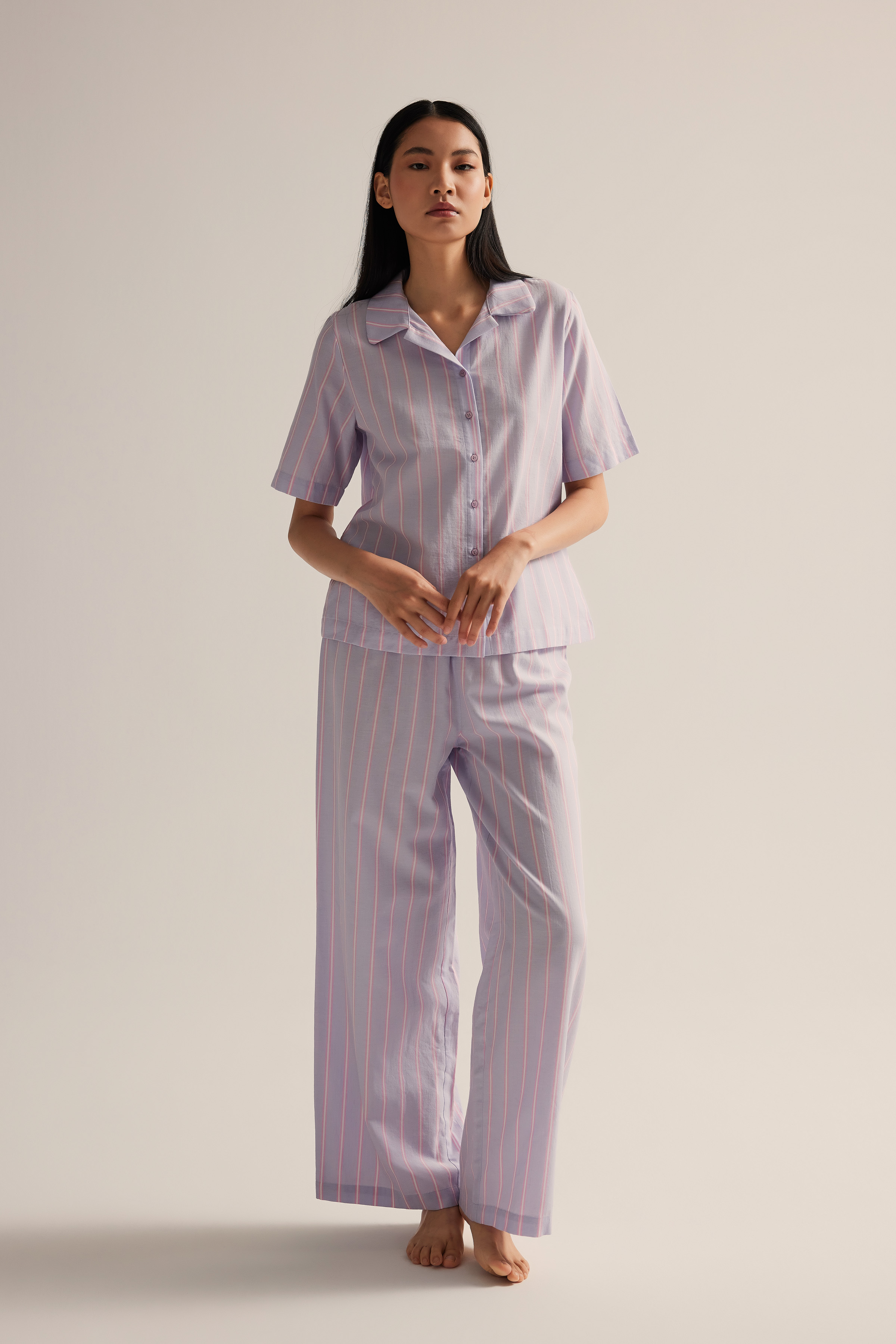 Kadın Dokuma Uzun Kollu Gömlek Pantolon Pijama Takımı