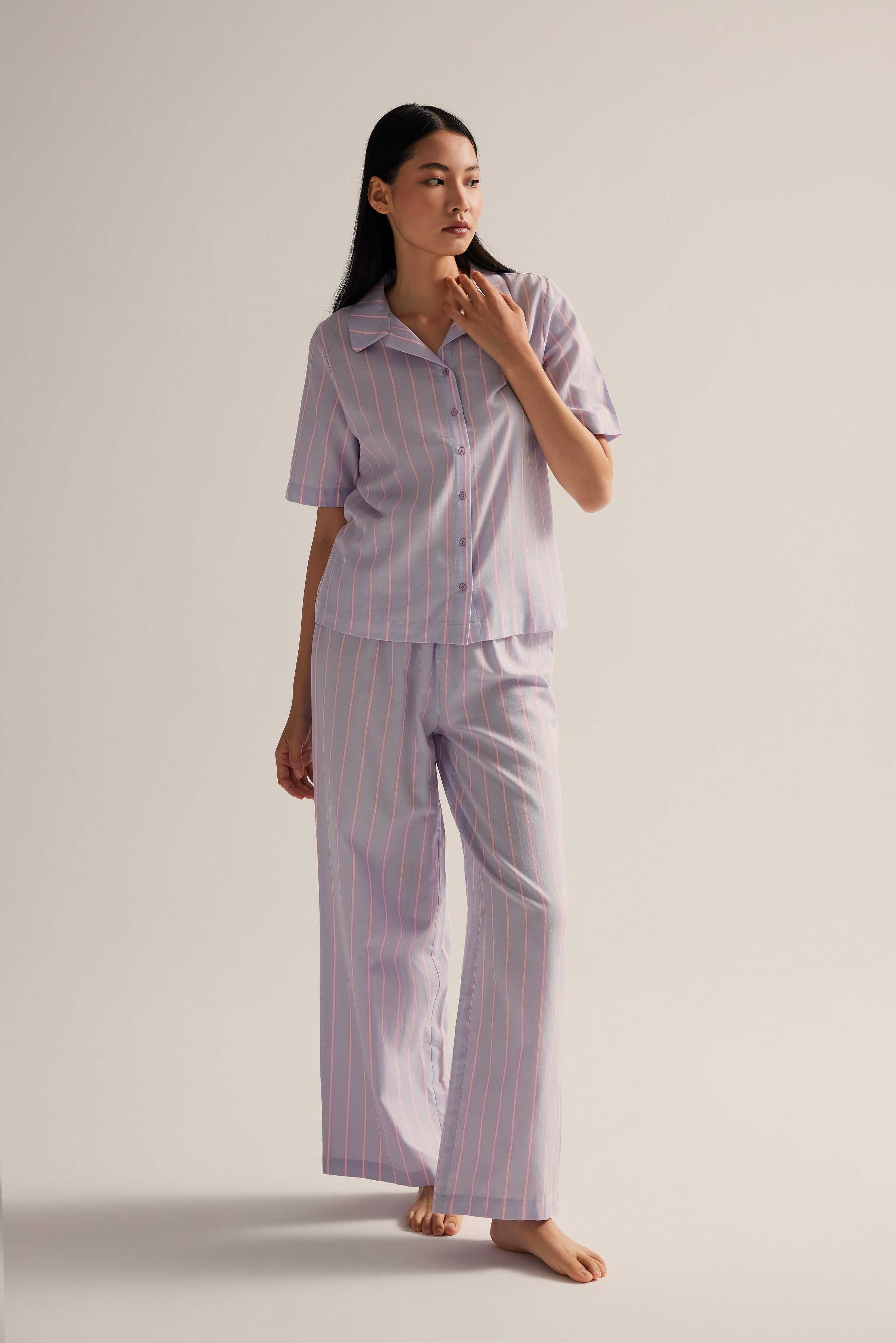 Kadın Dokuma Uzun Kollu Gömlek Pantolon Pijama Takımı