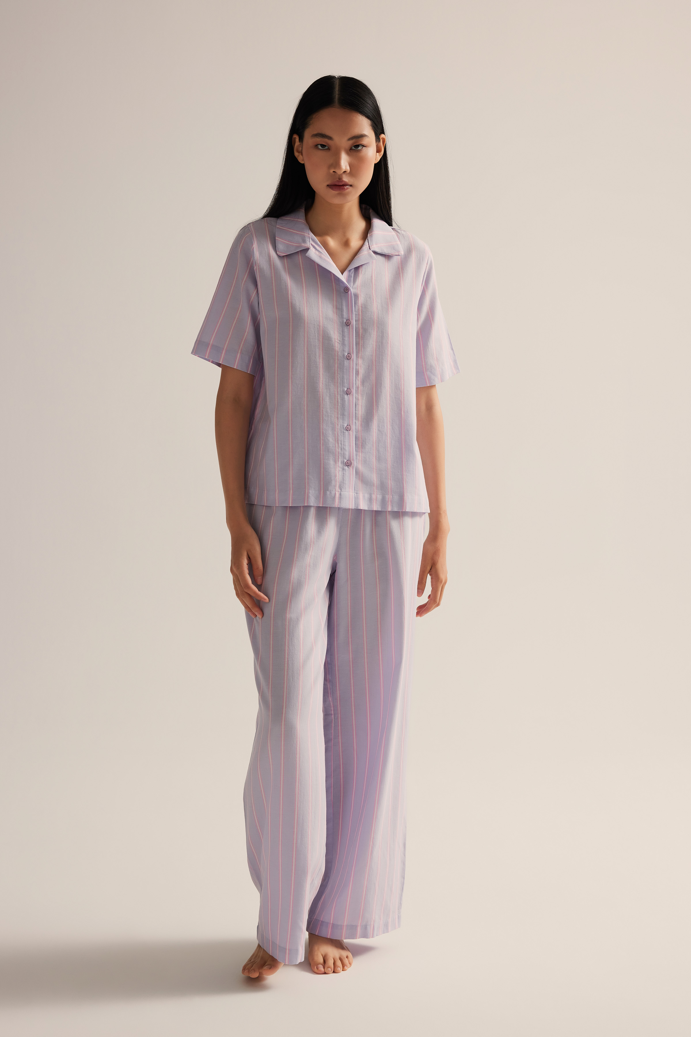 Kadın Dokuma Uzun Kollu Gömlek Pantolon Pijama Takımı
