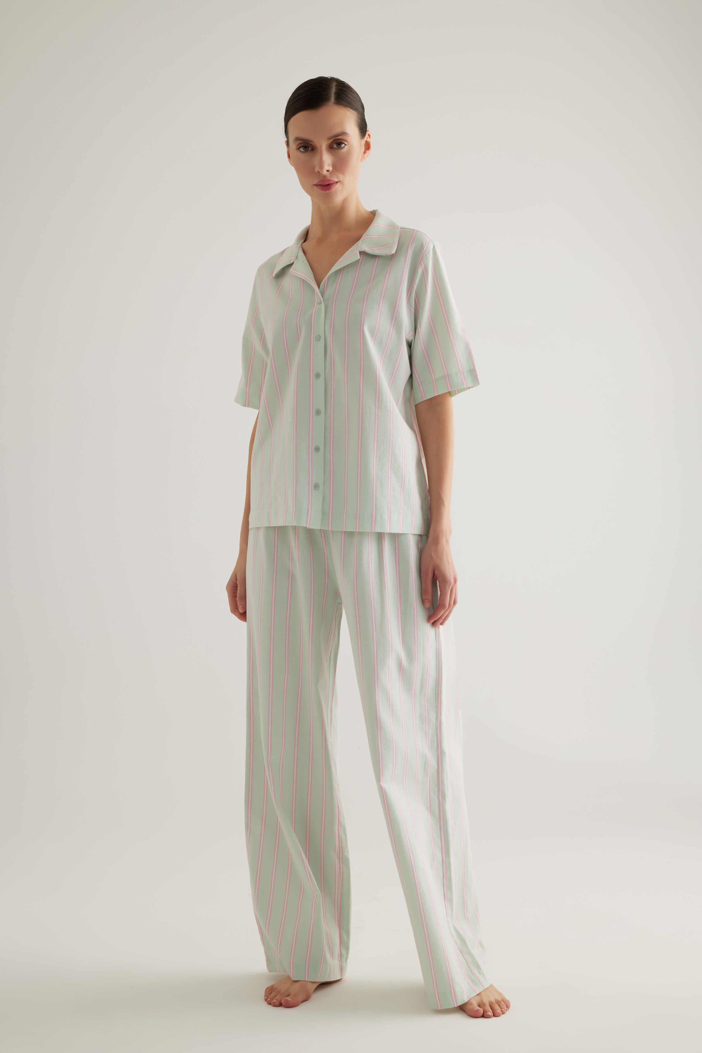 Kadın Dokuma Uzun Kollu Gömlek Pantolon Pijama Takımı