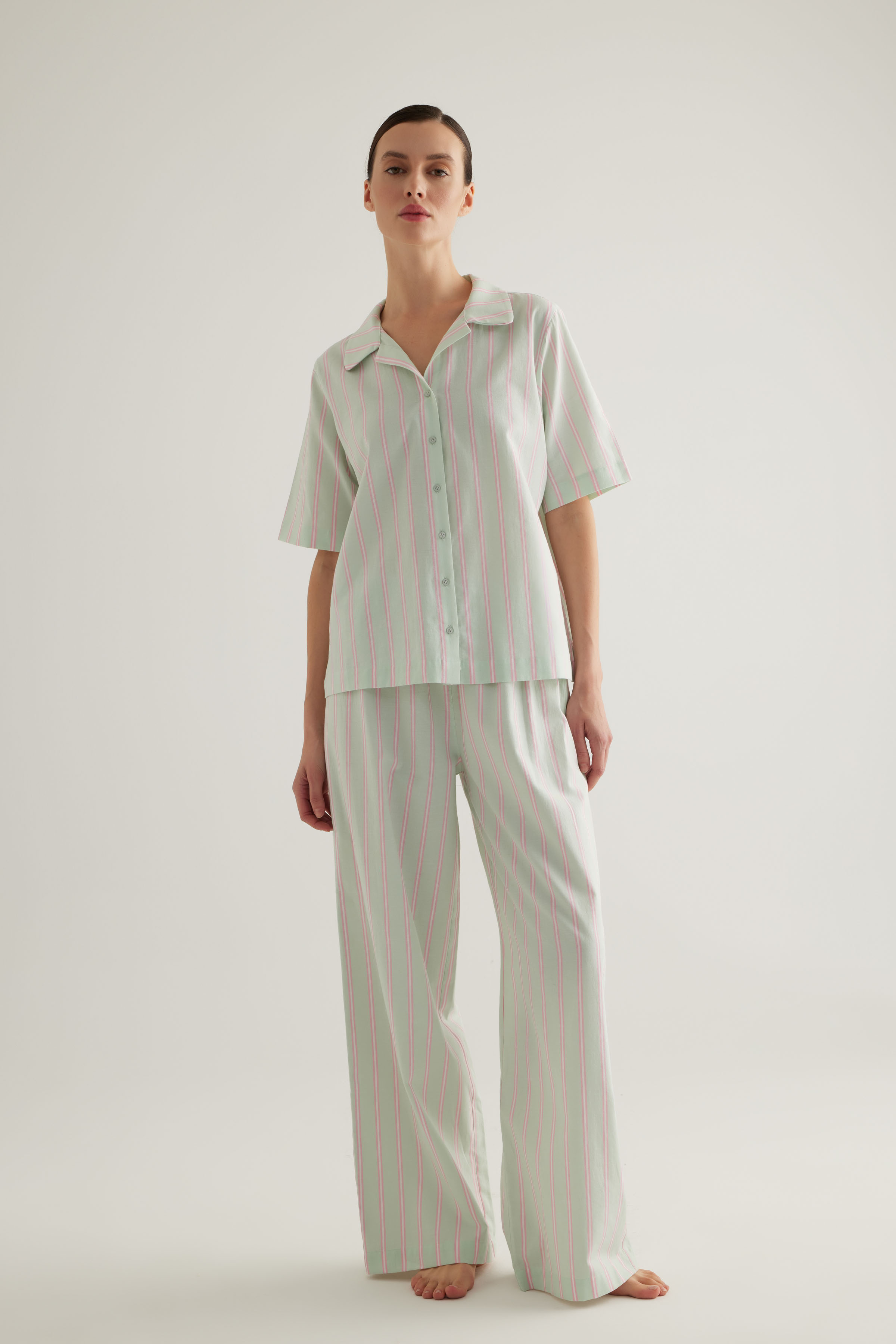 Kadın Dokuma Uzun Kollu Gömlek Pantolon Pijama Takımı