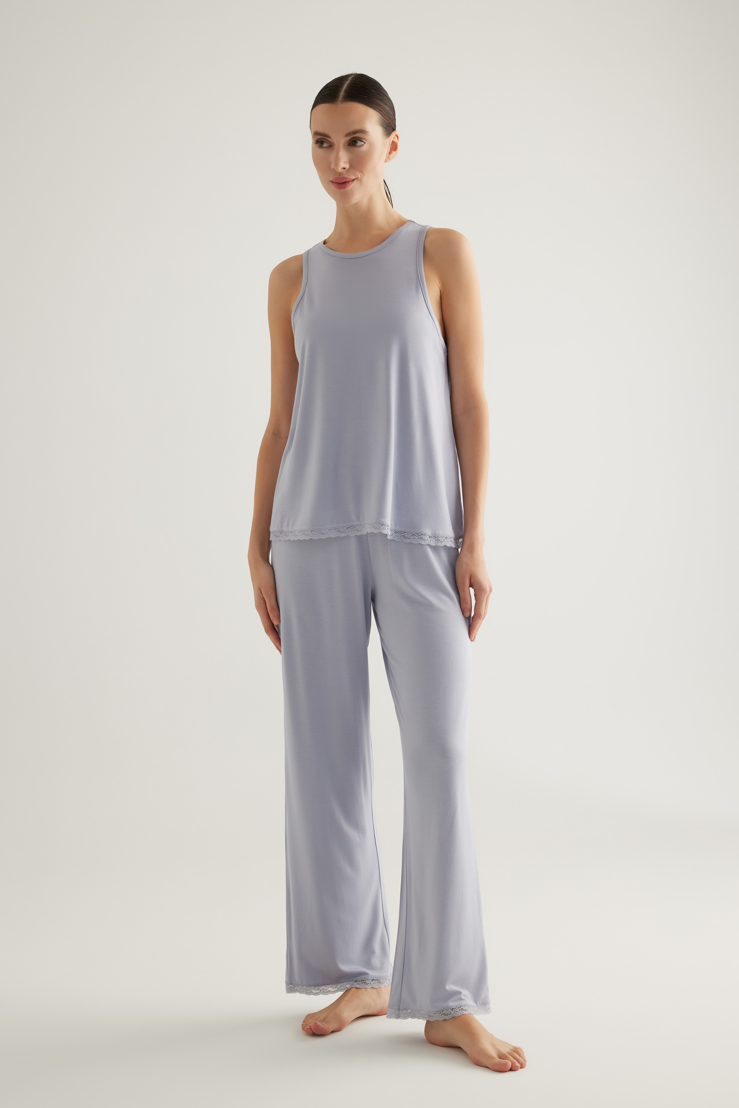 Kadın Viscose Dantel Detaylı Atlet Uzun Pijama Takımı