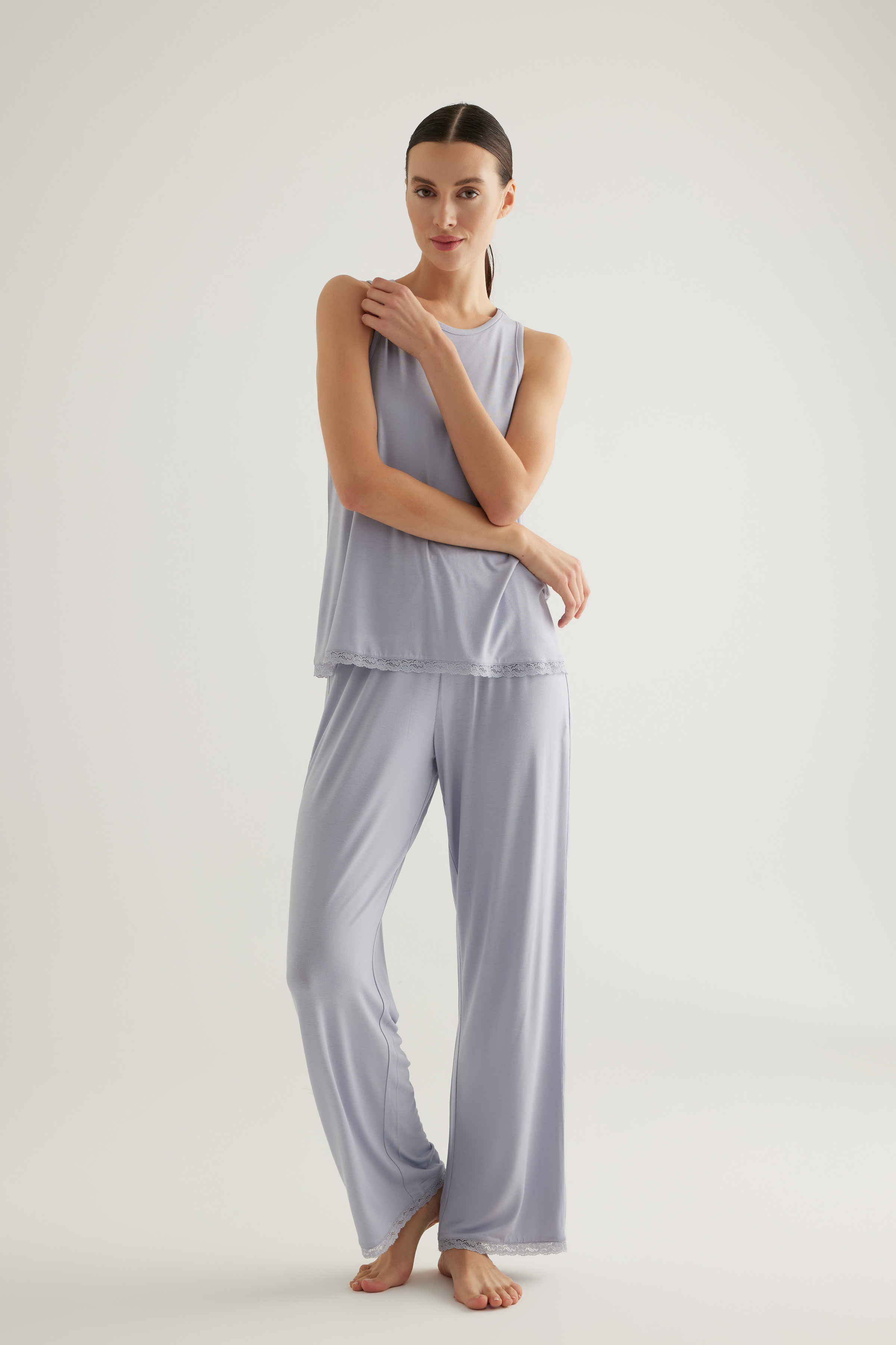 Kadın Viscose Dantel Detaylı Atlet Uzun Pijama Takımı