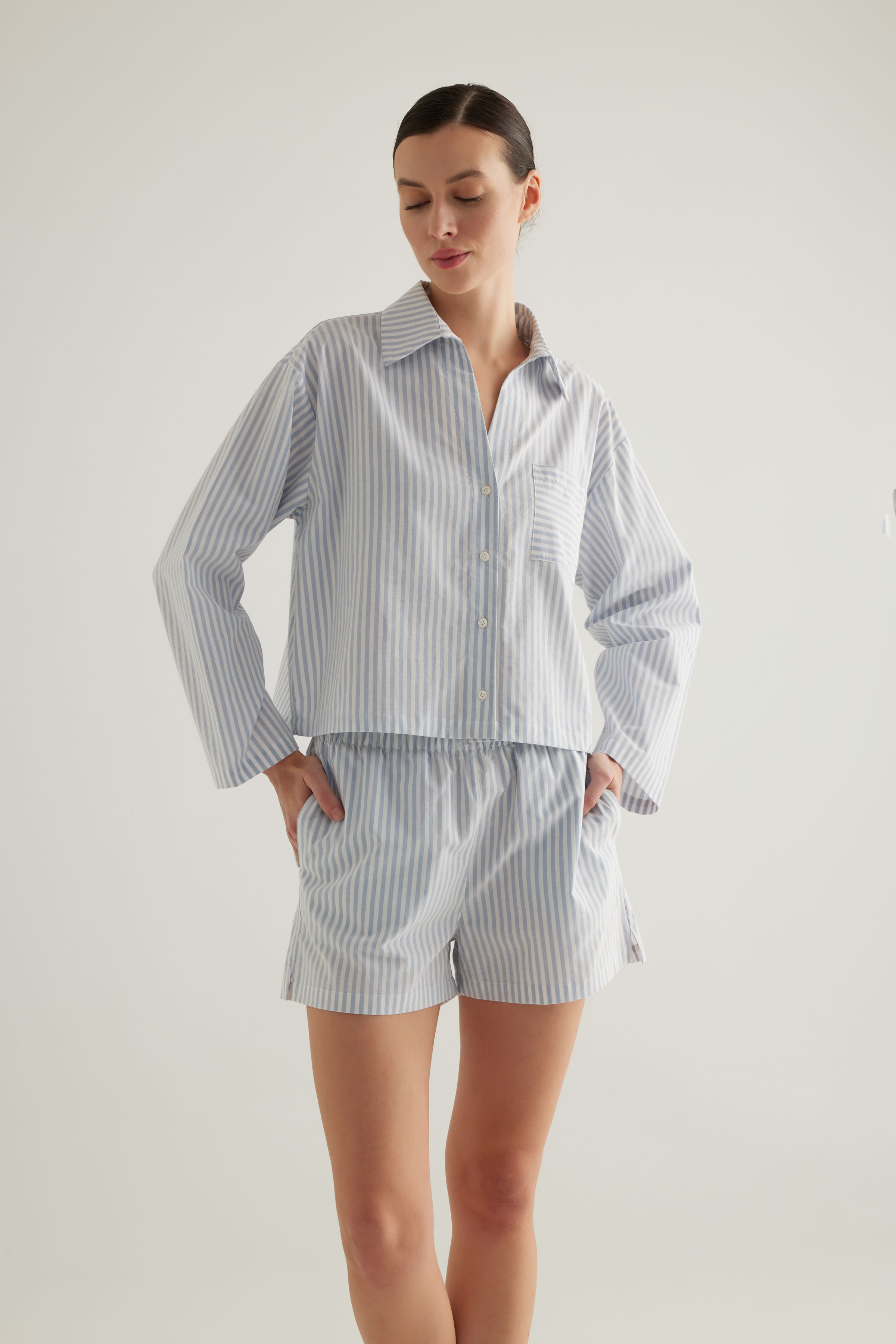 Kadın Çizgili Dokuma Uzun Kollu Gömlek Pijama Üstü	